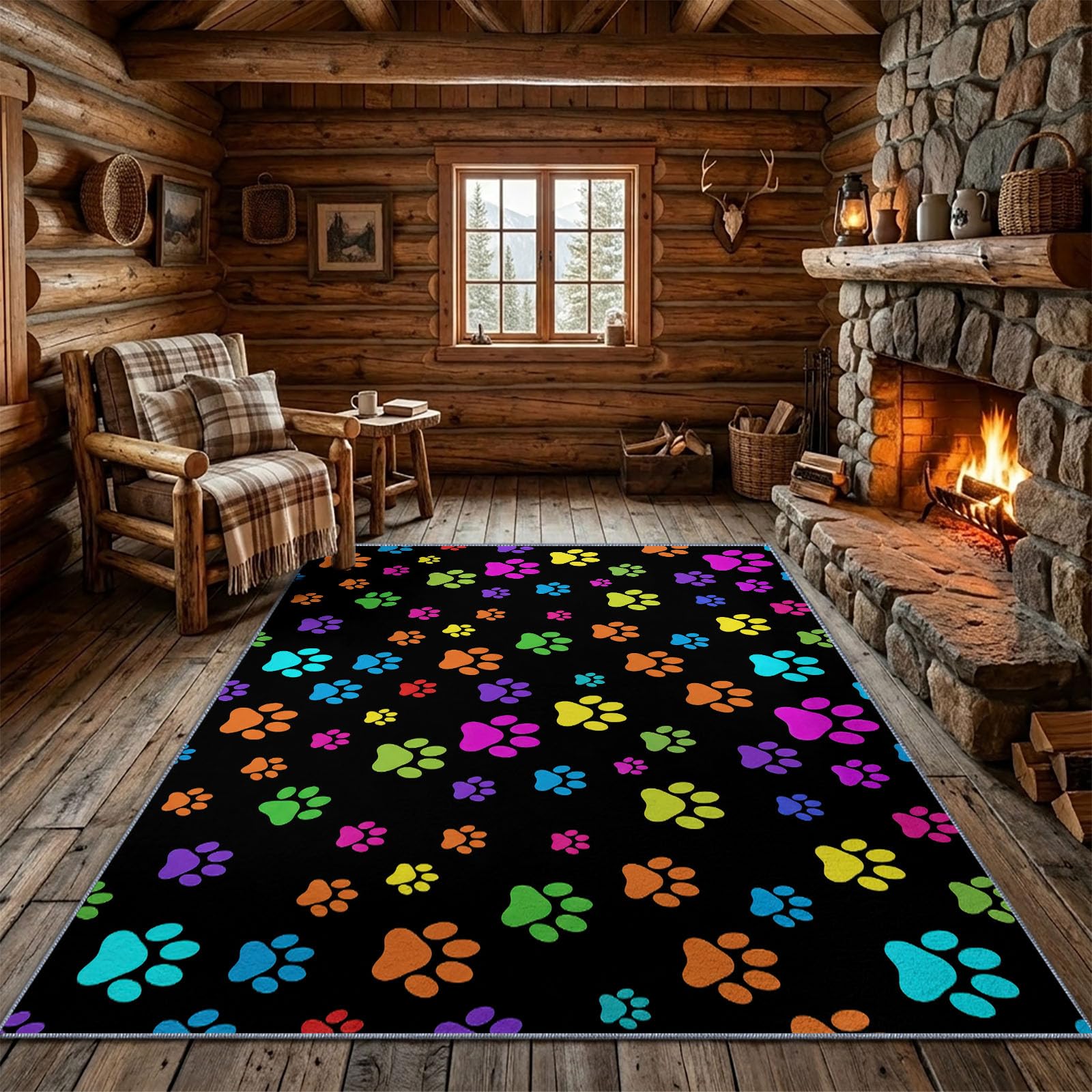Noir Tapis Salon 80 x 150 cm, Ludique Lavable en Machine Tapis | Chambre Antidérapant, Minimaliste Empreinte De Patte Animale Tapise Bureau Salle a Manger, Doux Poil Ras Rug, Cuisine