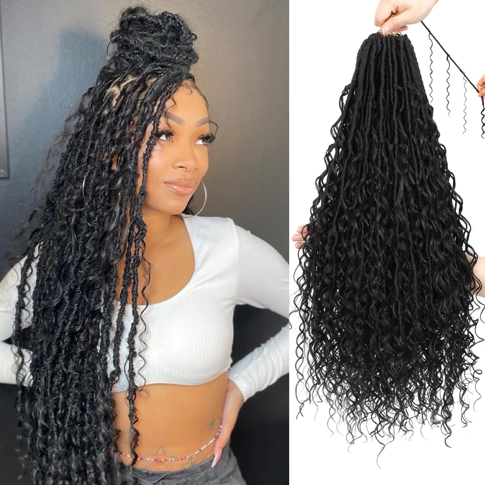 XIIMENALU Boho Faux Locs Crochet Hair 8 Packs Goddess Soft Locs with Curly Ends Pre-Looped Bohemian River Locs Crochet Hair Extensions for Black Women (1B#