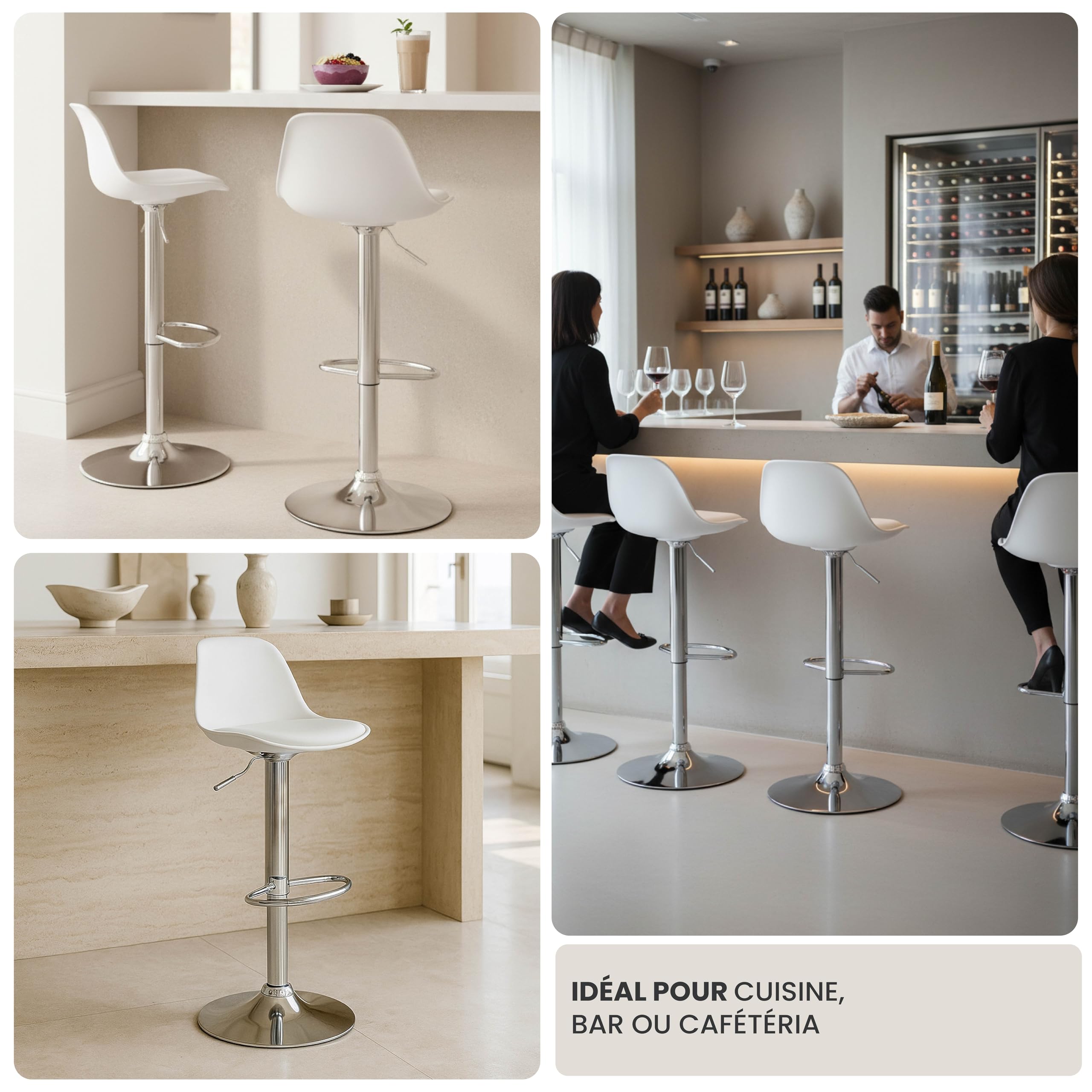 Vaukura Taburete de Bar Juego de 2 | Taburetes Regulables en Altura en Piel Sintética Blanco | Taburete de Cocina Giratorio 360° | Base de Acero Cromado con reposapiés Estilo Moderno Cocina y Barra
