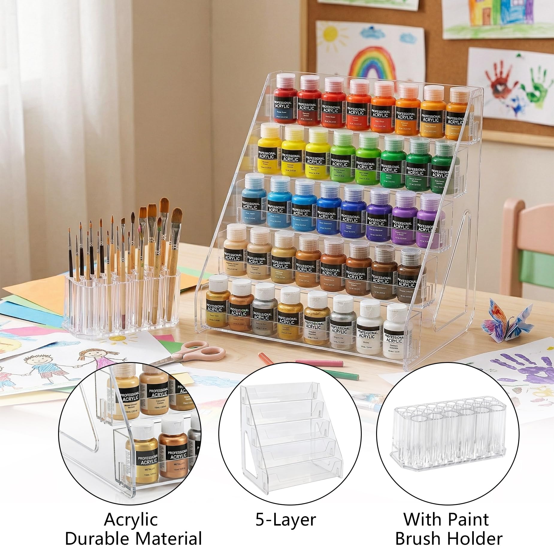Organizador de pintura con soporte para pinceles, estante de almacenamiento de pintura acrílica de 5 capas, versión alta, soporte de pintura en miniatura para tubos y tarros de pintura
