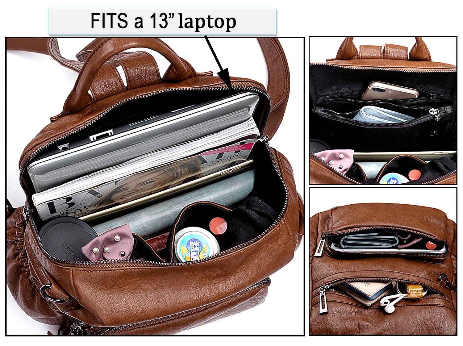 UTO Femme Sac porté Dos Anti-Vol Sac à Main porté épaule Glands Multi Compartiment PU Cuir lavé - 4