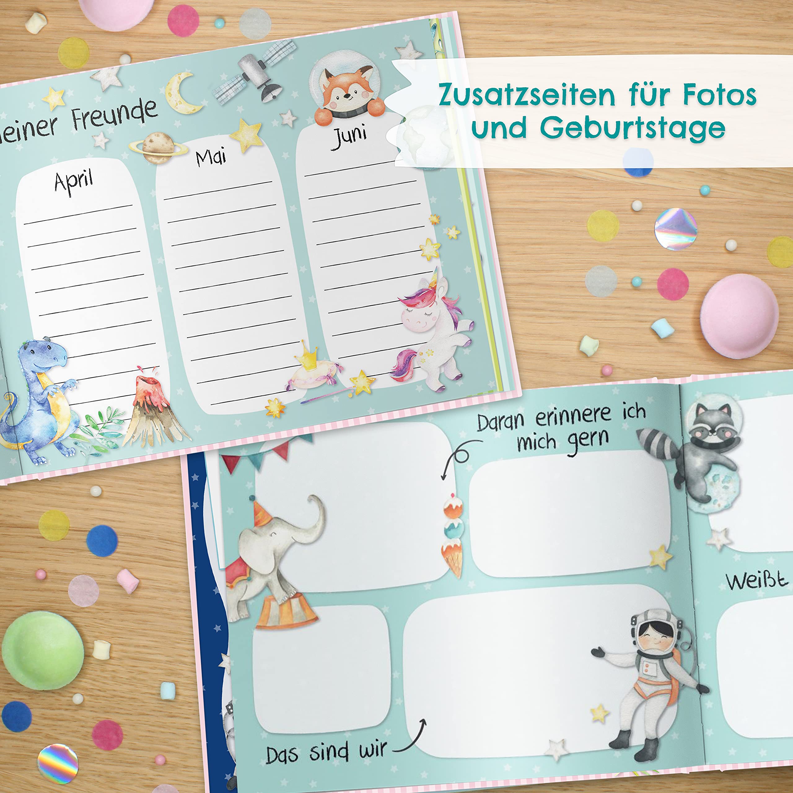 Papierdrachen Libro degli amici per bambini - Amici dell'asilo Turchese - Album di poesie con astronauta, dinosauri - per 27 amici