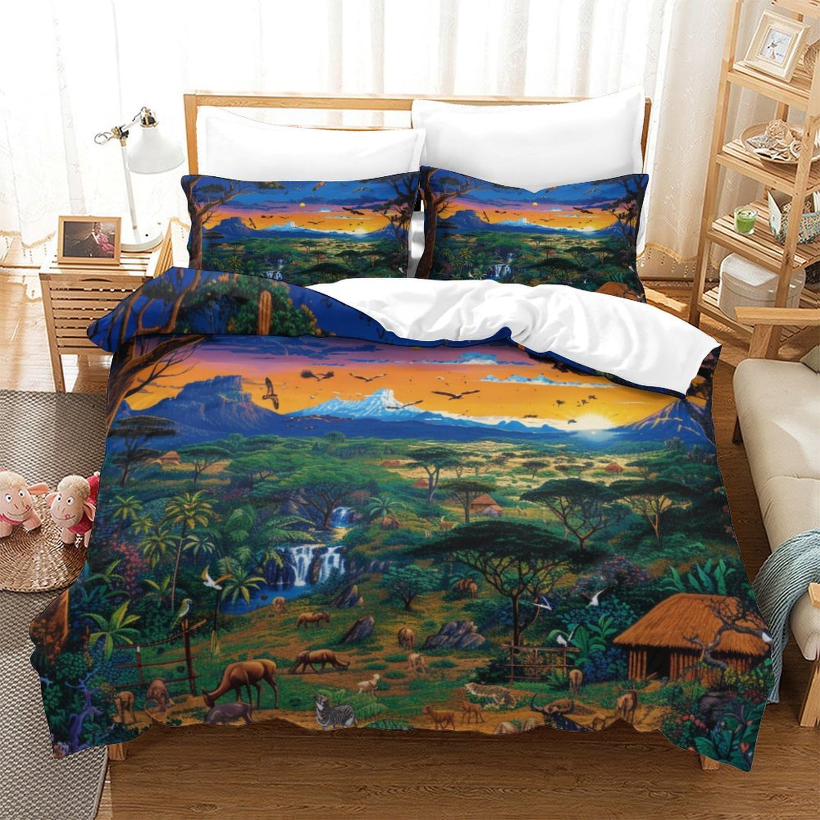 Parure de lit 3 pièces microfibre douce housse couette 260x220 jungle