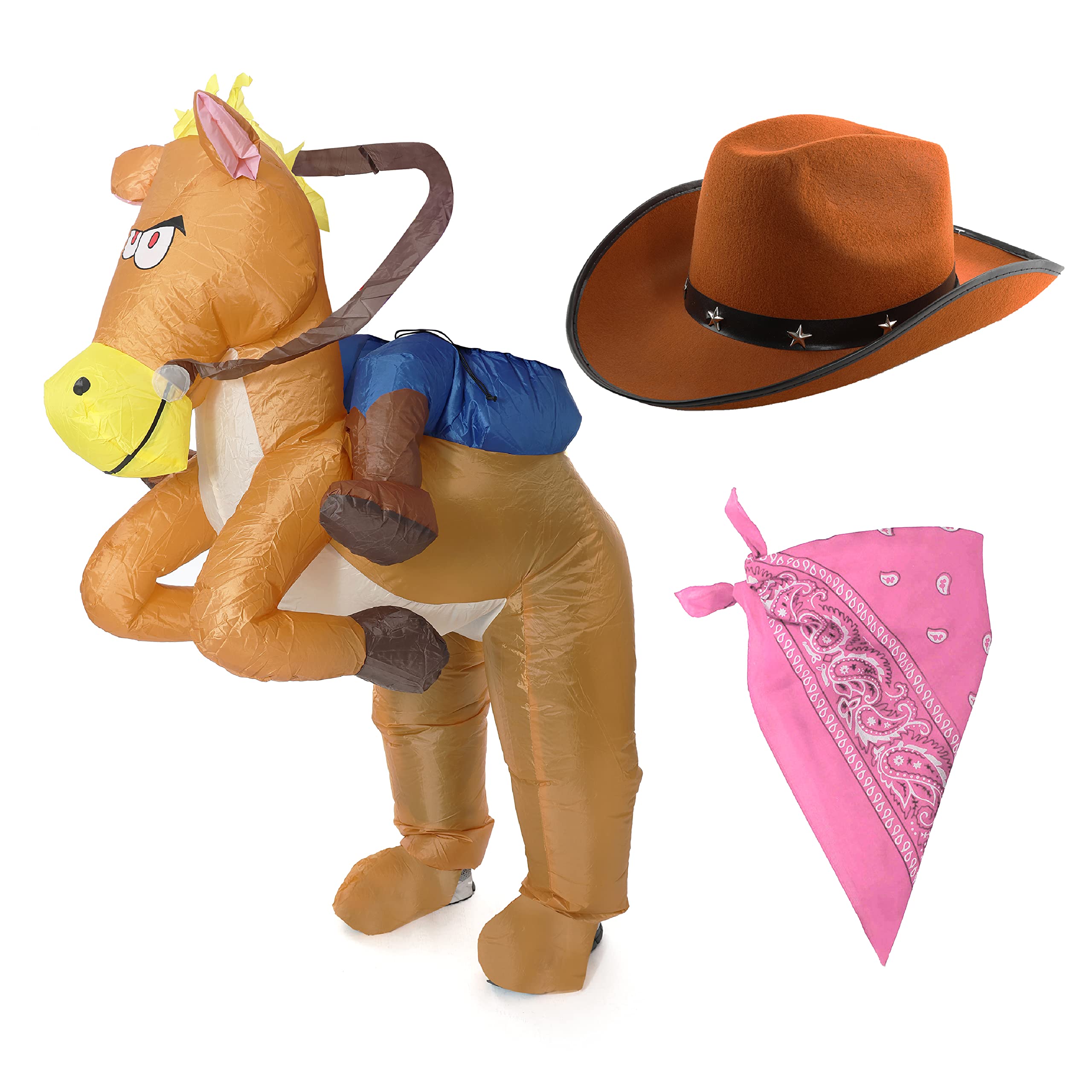 Adults Cowboy Fancy Dress Costume - Inflatable Ride-On Horse, Brown Cowboy Hat, Pink Paisley Bandana - Adults Wild West Fancy Dress Costume