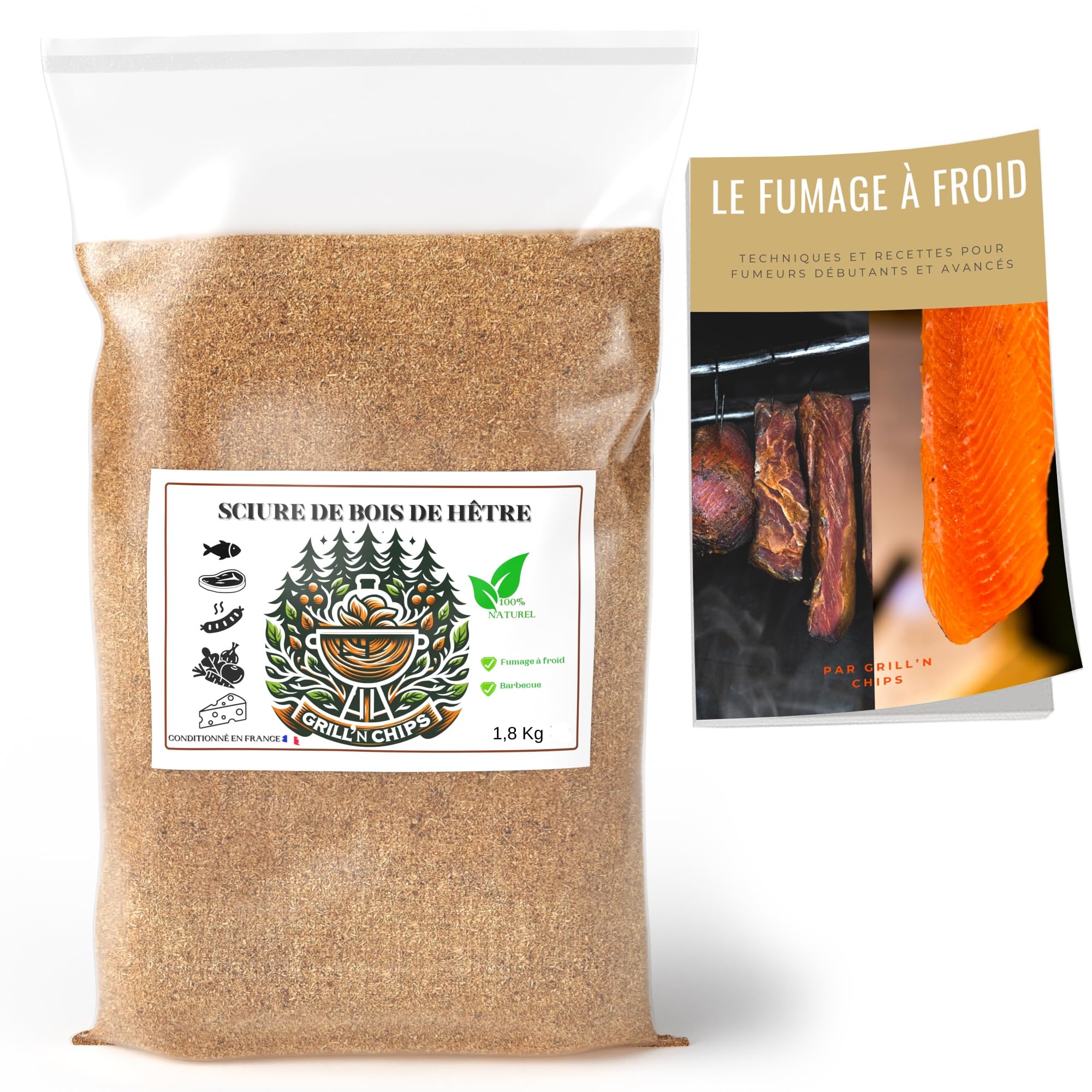 Grill'n Chips Serrín de Haya 1,5 kg para Ahumado en Frío – 100% Natural – Ideal para Carne, Pescado, Barbacoa – Compatible con Generador de Humo – Guía en PDF Incluida