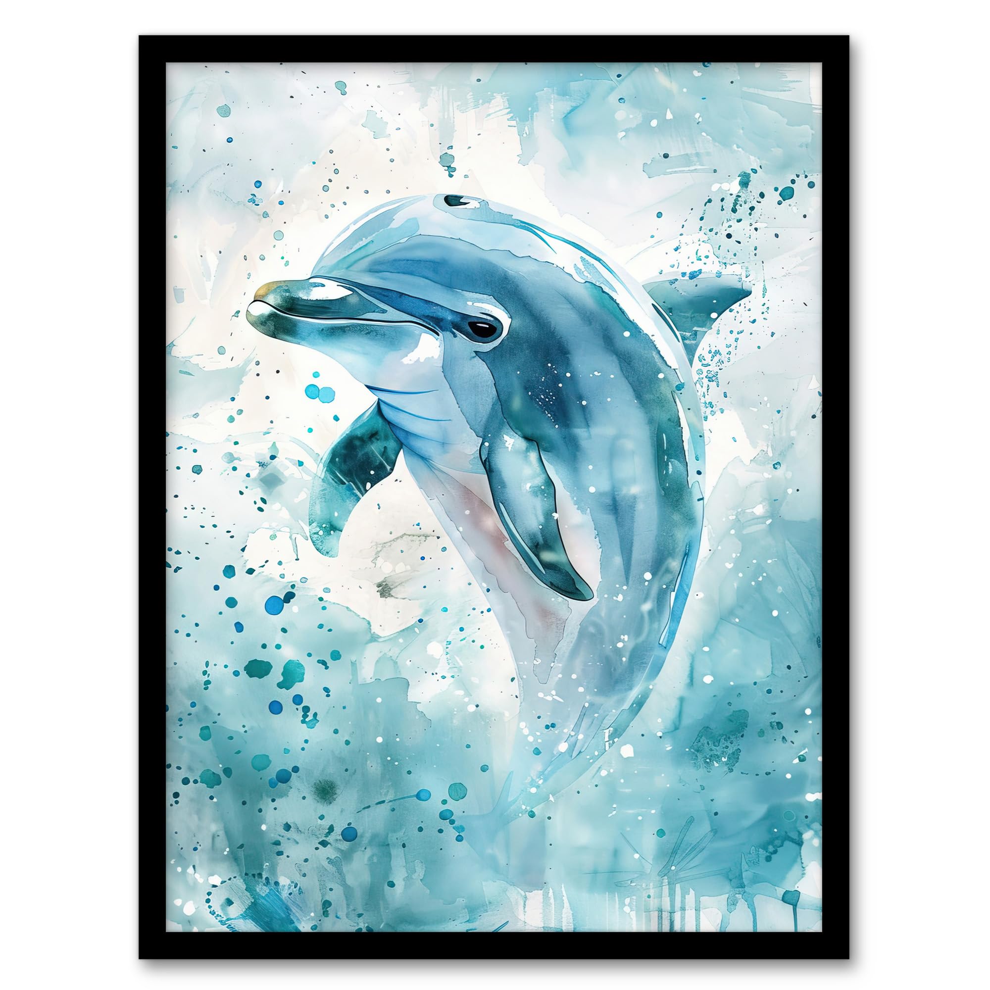 Artery8 Dolphin Wave Jump Watercolour Light Blue Sea Bathroom Toilet Artwork Framed Wall Art Print 18X24 Inch