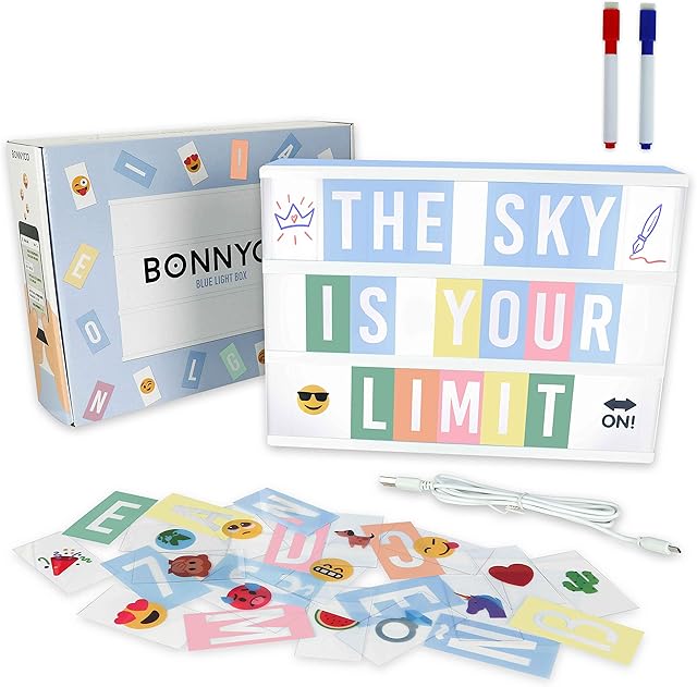 Niebieski Lightbox z 400 liter, Emoji & 2 markery - BONNYCO | A4 Led Lampka Pokój Dziewczyn, Dom, Baby Shower | Tablica Literowa - Nowość Prezenty na Boże Narodzenie, Urodziny