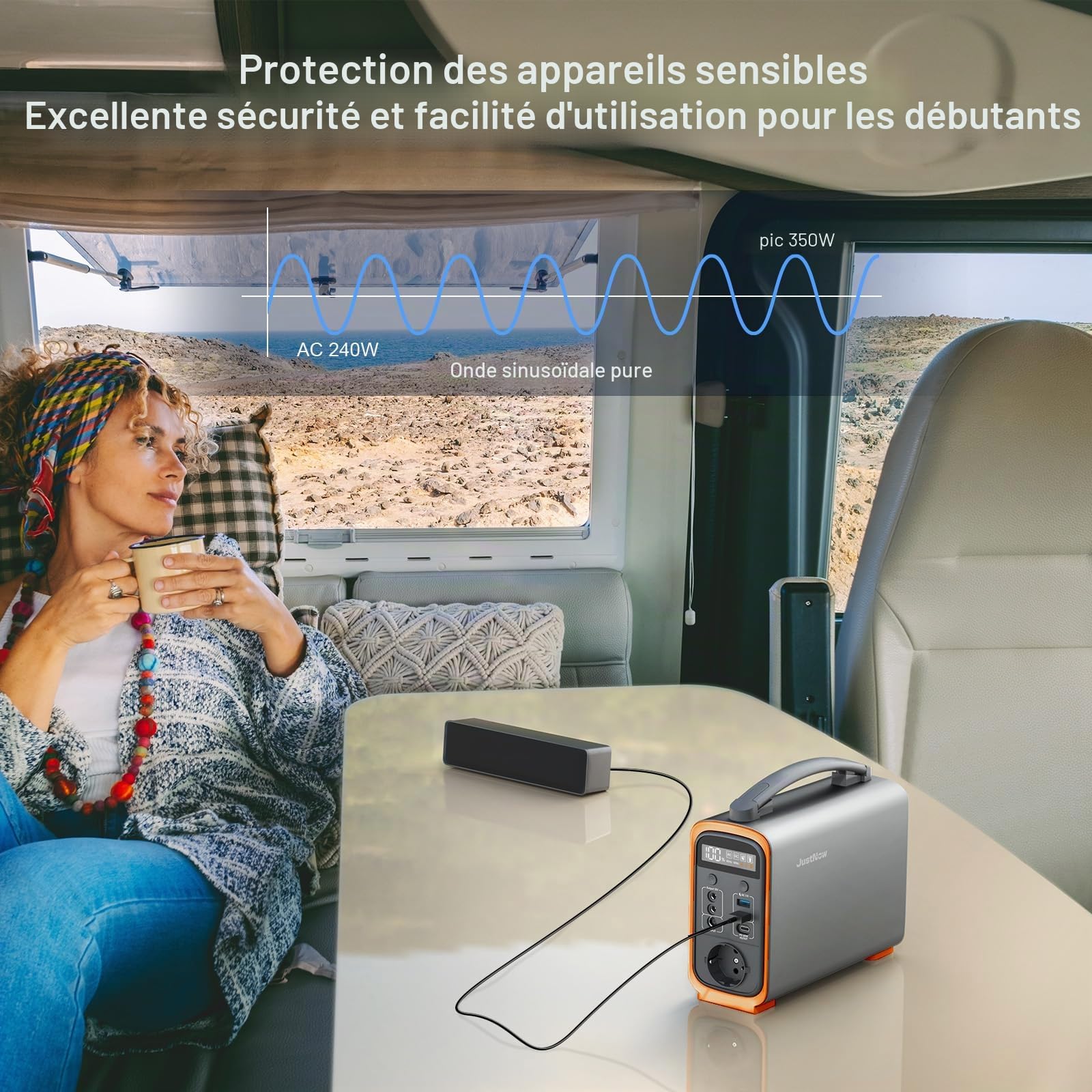 JustNow Station d'alimentation portable 240 W/240 Wh, batterie LiFePo4 avec sortie AC/DC/USB/PD 60 W, générateur solaire pour camping, extérieur, camping-car (GT240)