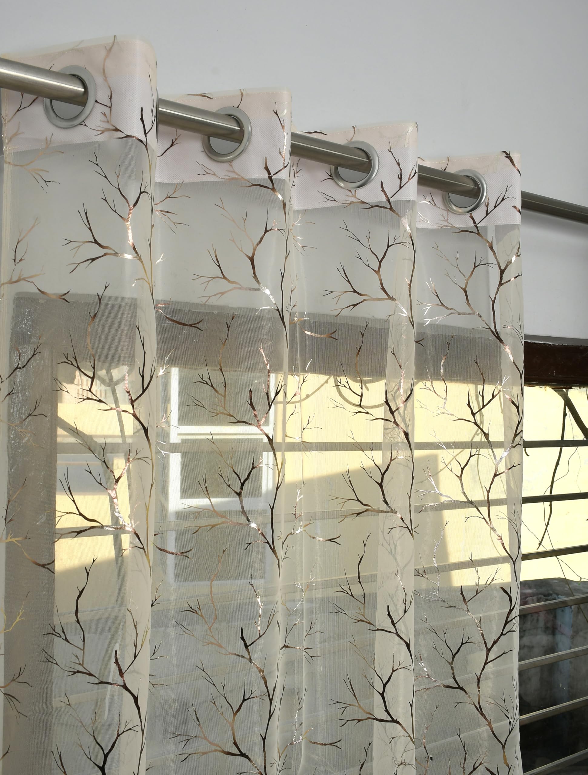 Kiara Creations Premium Sheer Net Curtain for Door 7 Feet | Transparent Net Fabric with Foil Tree Design | Pack of 1, Cream-image-4