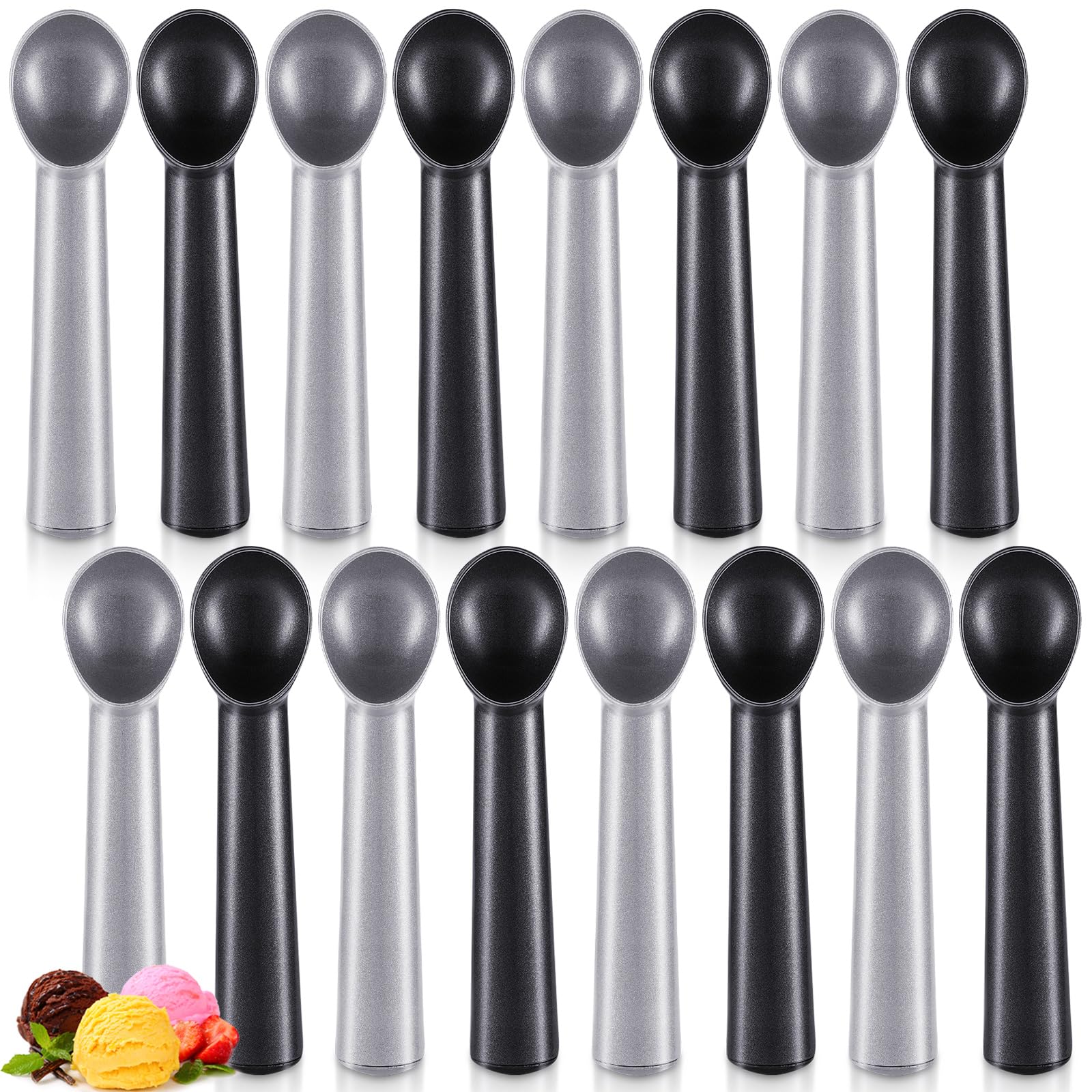 Gejoy Lot de 16 cuillères à glace antiadhésives en aluminium pour gelatos, yaourt glacé, fruits, sundaes, sorbet et amandes (noir et argenté)