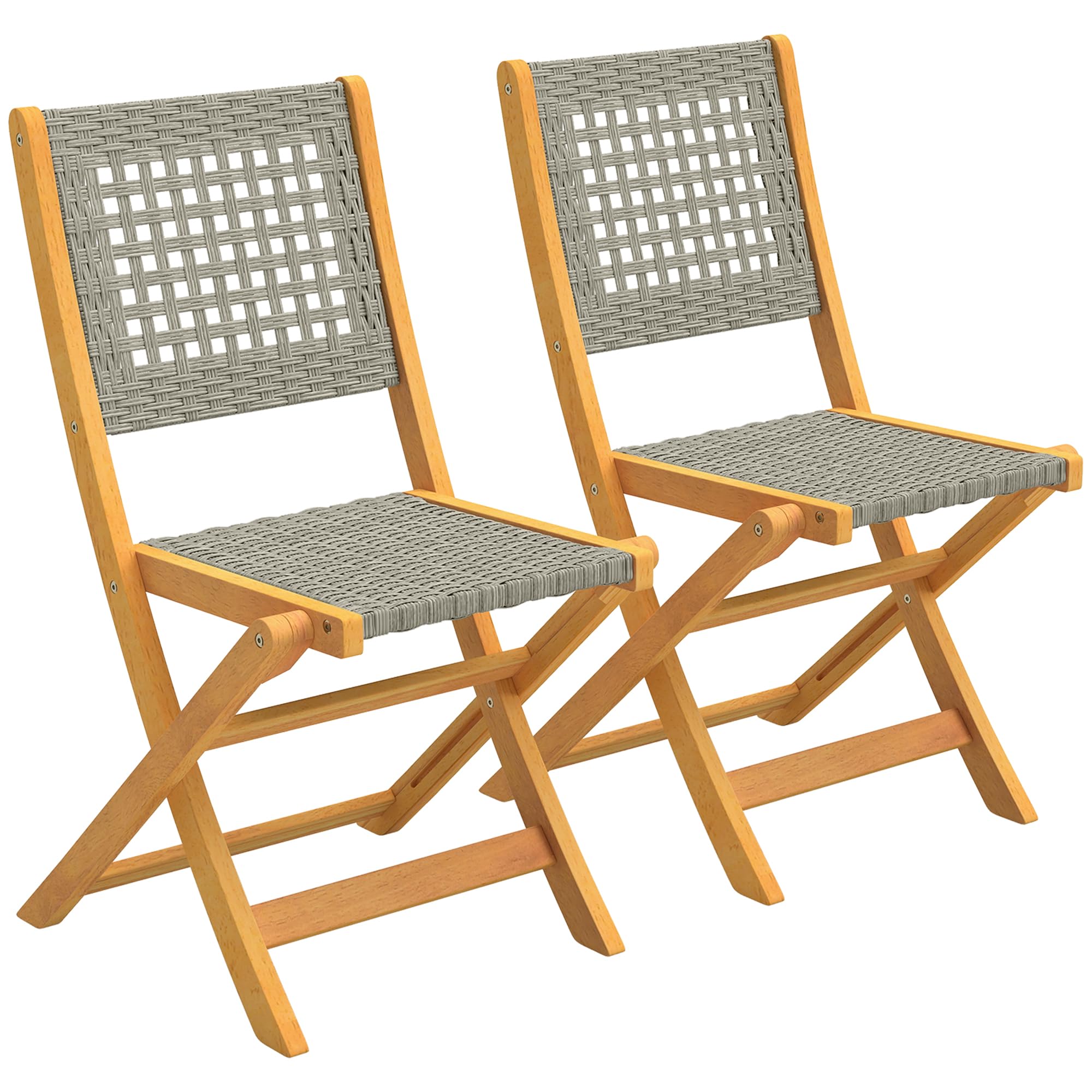 Outsunny Gartenstühle 2 Stück FSC Akazienholz Klappstuhl mit Atmungsaktiv Sitz angenehme Sitzhöhe, Gartensessel aus Massivholz & Polyrattan Balkonstühle Stuhlset für Garten Balkon Terrasse Grau
