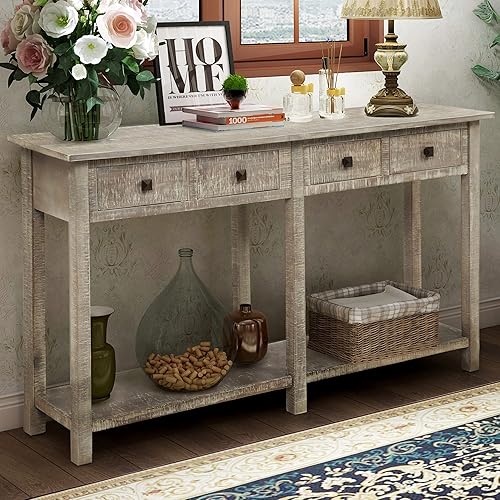 Miniatura 2 de P PURLOVE Mesa de consola retro de 59 pulgadas, mesa larga y delgada para sofá con 4 cajones y carcasa inferior para sala de estar