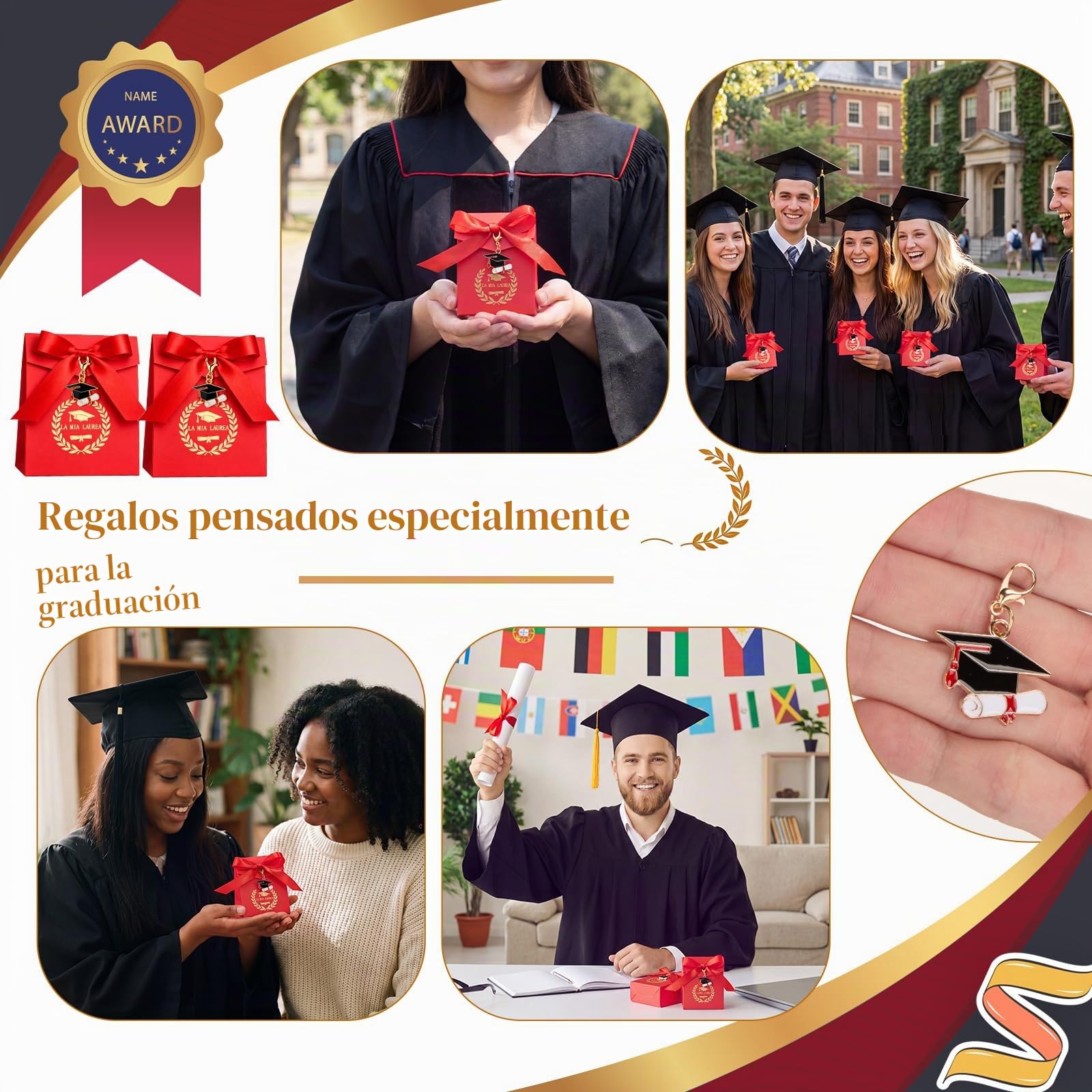BBTO 50 Sets Recuerdos de Graduación 50 Llaveros de la Suerte 50 Cajas 50 Etiquetas para Recuerdos de Graduación 1 Cinta de Regalo Para Fiestas Ceremonias Hombres Mujeres