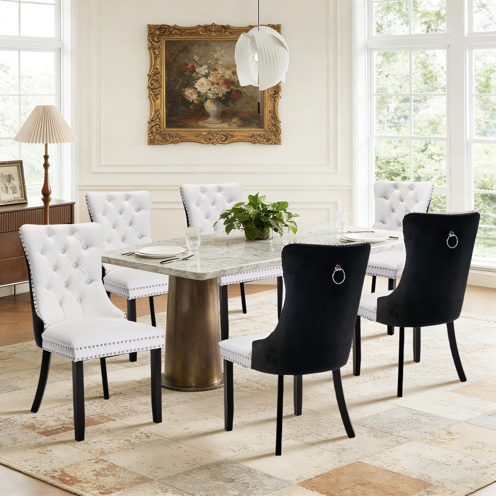 JETEAGO Leather Dining Chairs Set of 6, Tall Back Side Chair, Modern Upholstered Side Chair with Button Back Ring, Solid Wood Legs (Black&White)