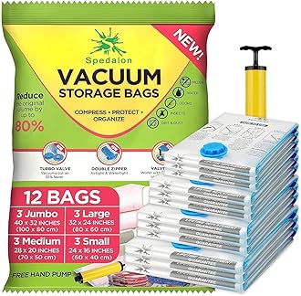 Spedalon 12 Vacuum Storage Bags for Clothes - Jumbo, Large, Medium & Small - Space Saver Vacuum Bags for Comforters, Blankets, Bedding, Pillow - Cruise Travel Essentials, Seal Bags Clothing with Pump