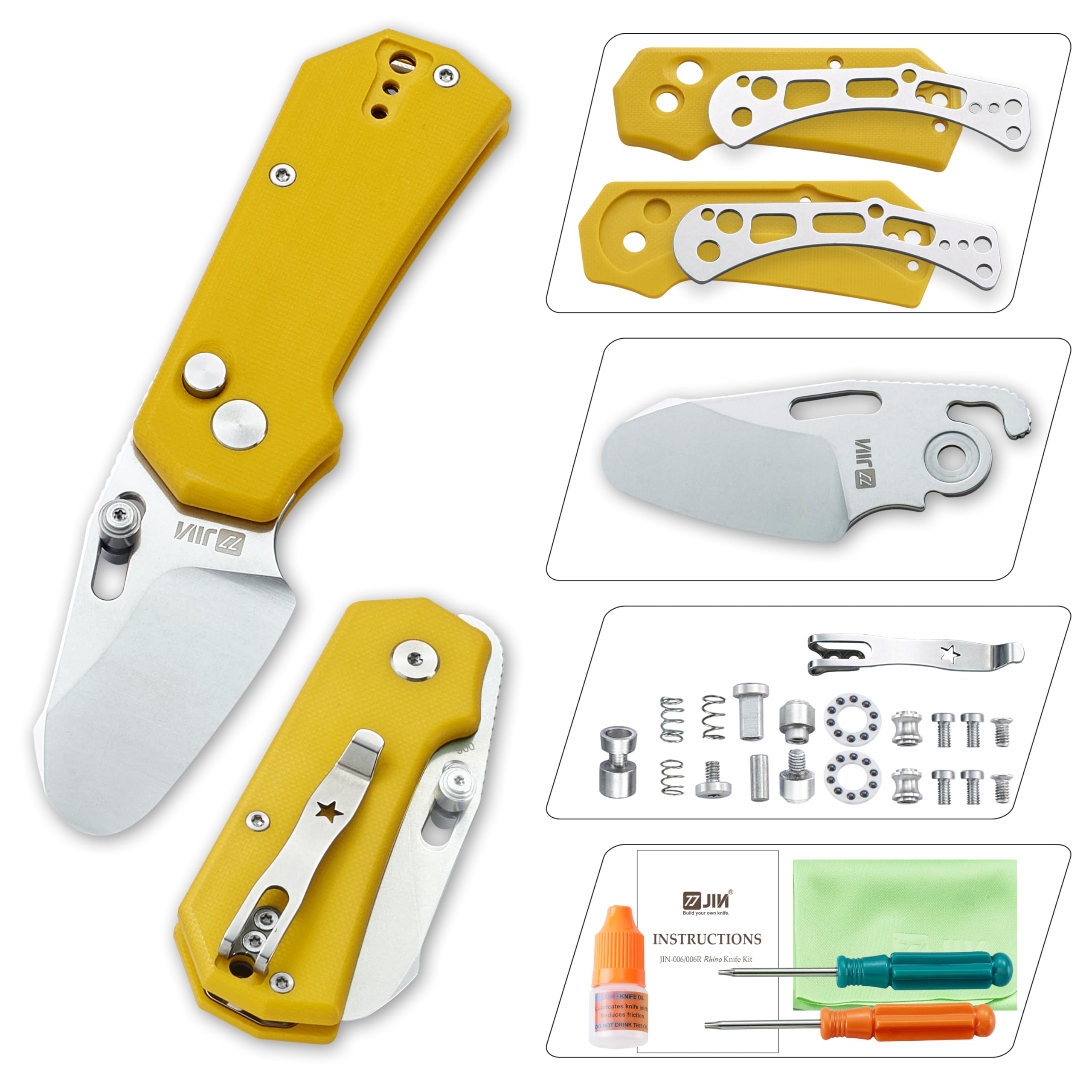 JIN Rhino Jr. Kids Pocket Knife, DIY Knife Kit, Fidget Toy Knives, 1.97” Unsharpened Steel Blade, Rounded Tip, Button Lock Folding EDC, Yellow G10 Handle