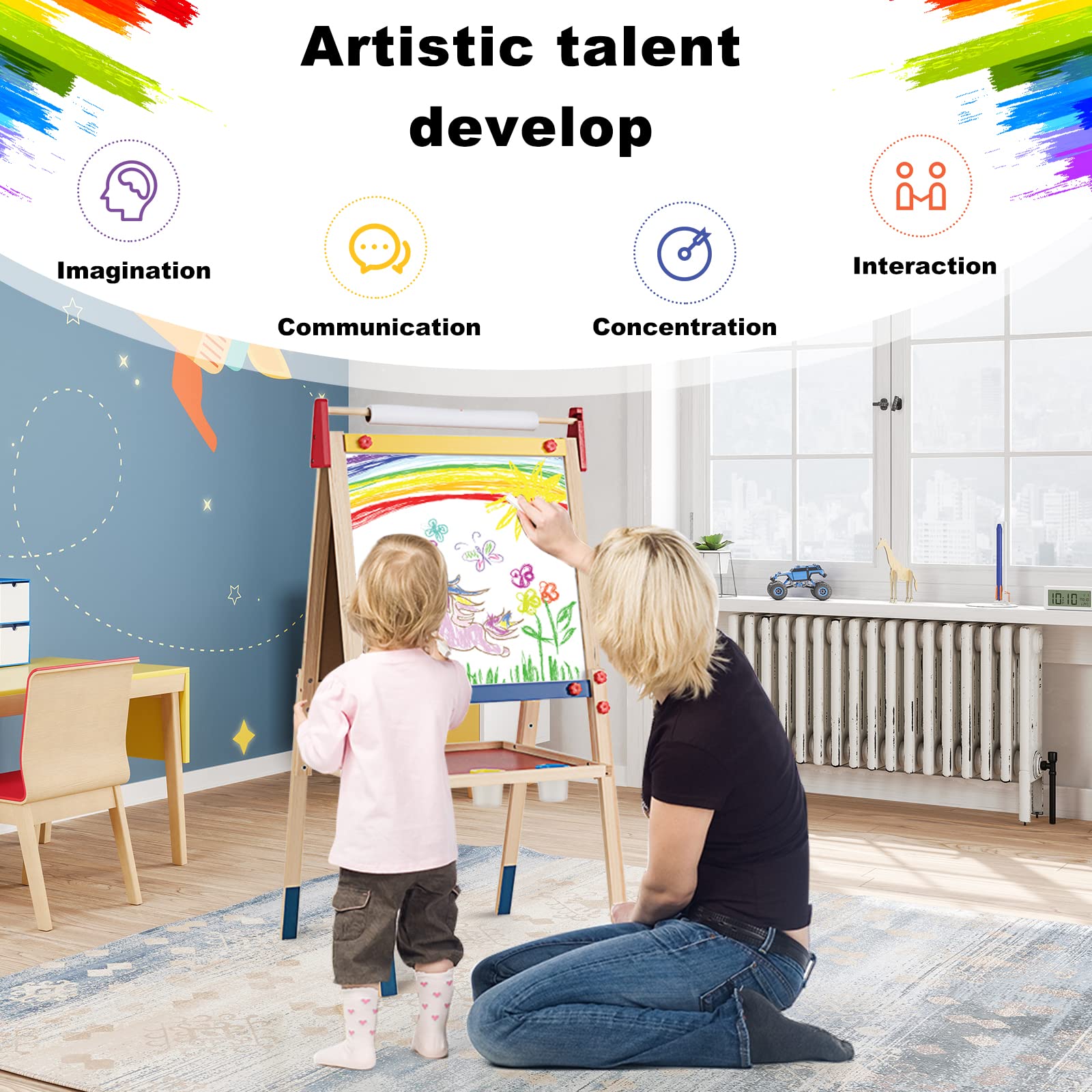 LIFEZEAL Caballete infantil 2 en 1, Pizarra Infantil caballete para niños, Caballete de pie con doble cara con rollo de papel, caballete de madera de altura ajustable con bandeje de almacenamiento