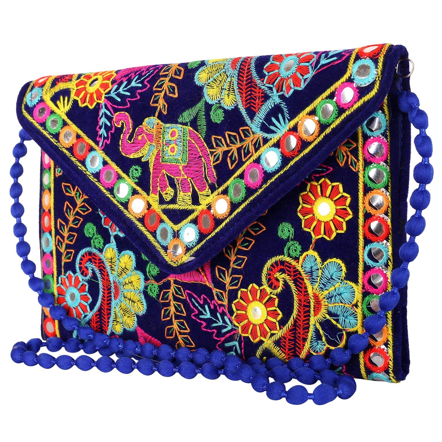 Traditional Rajasthani Embroidered Elephant artwork Big Size Handbag (Blue)
