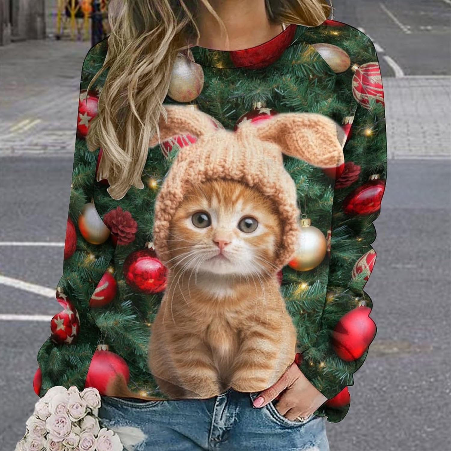MARSVOVO Ugly Christmas Sweatshirts for Women Cute 3D Cat Print Long Sleeve Shirt Funny Christmas Tops For Women - Image 2