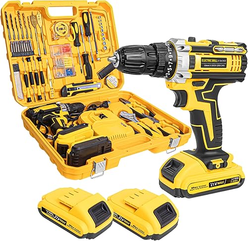 TIKTIK Kit de herramientas de 21 V con taladro, kit combinado de taladro inalámbrico de 119 piezas con 2 baterías de 2.0 Ah y 1 cargador rápido, 320
