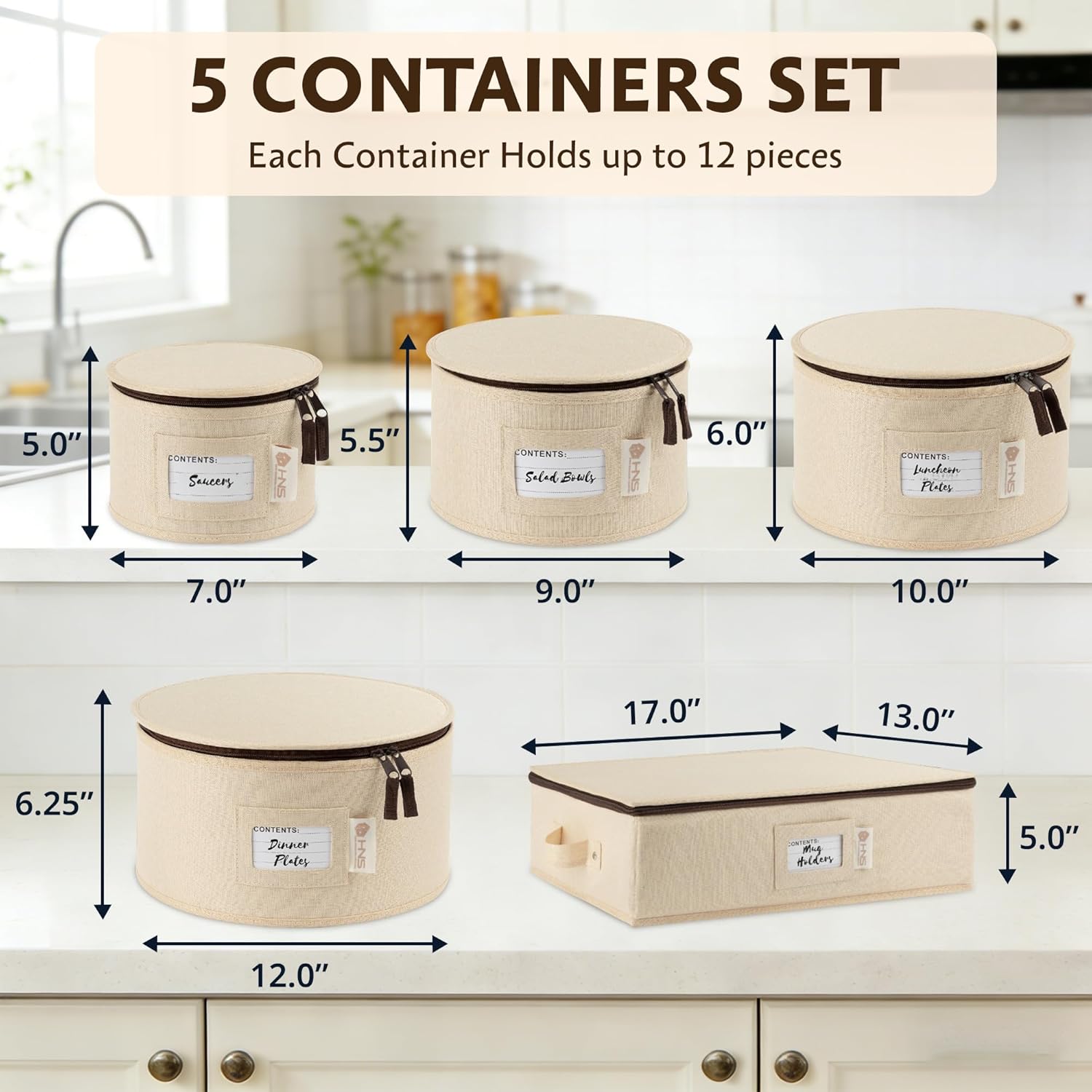 China Storage Hard Shell Containers 5-Piece Set Moving Boxes for Dinnerware, Glasses, Plates, Mugs and Saucers Sturdy Dish Organizer with Dividers for Seasonal Storage - Service for 12 - Beige