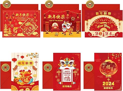 Miniatura 8 de DPKOW Tarjetas de felicitación de año nuevo chino 2024 con sobres rojos, 6 piezas + 10 monedas de la suerte chinas + 12 calcomanías de Año Nuevo