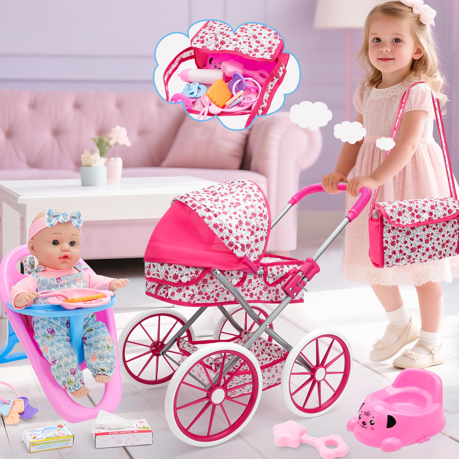 deAO Carrozzina Bambole con Bambola 30 cm, Seggiolone e Accessori Passeggino Giocattolo per Bambina dai 3 Anni, con Cestino Portaoggetti e Borsa Giocattolo Educativo per Bambina 3+ Anni