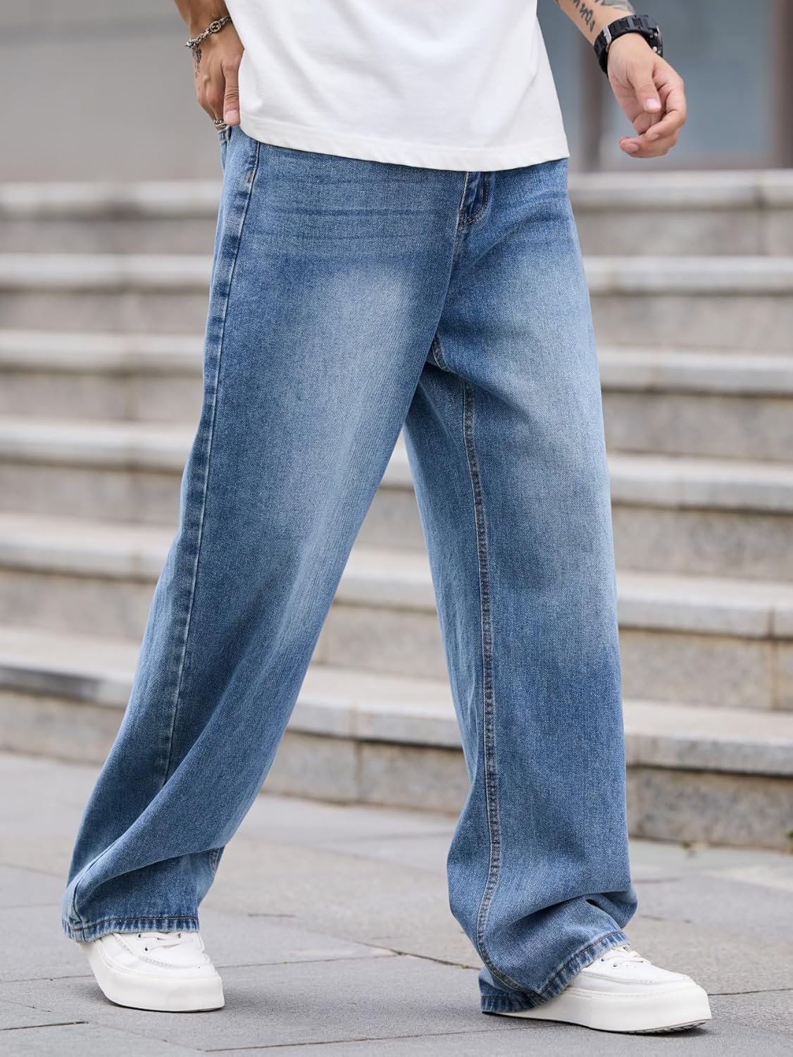 Mens Baggy Jeans Distressed Wide Leg Denim Pants Casual Loose Fit Trousers Streetwear - Image 3