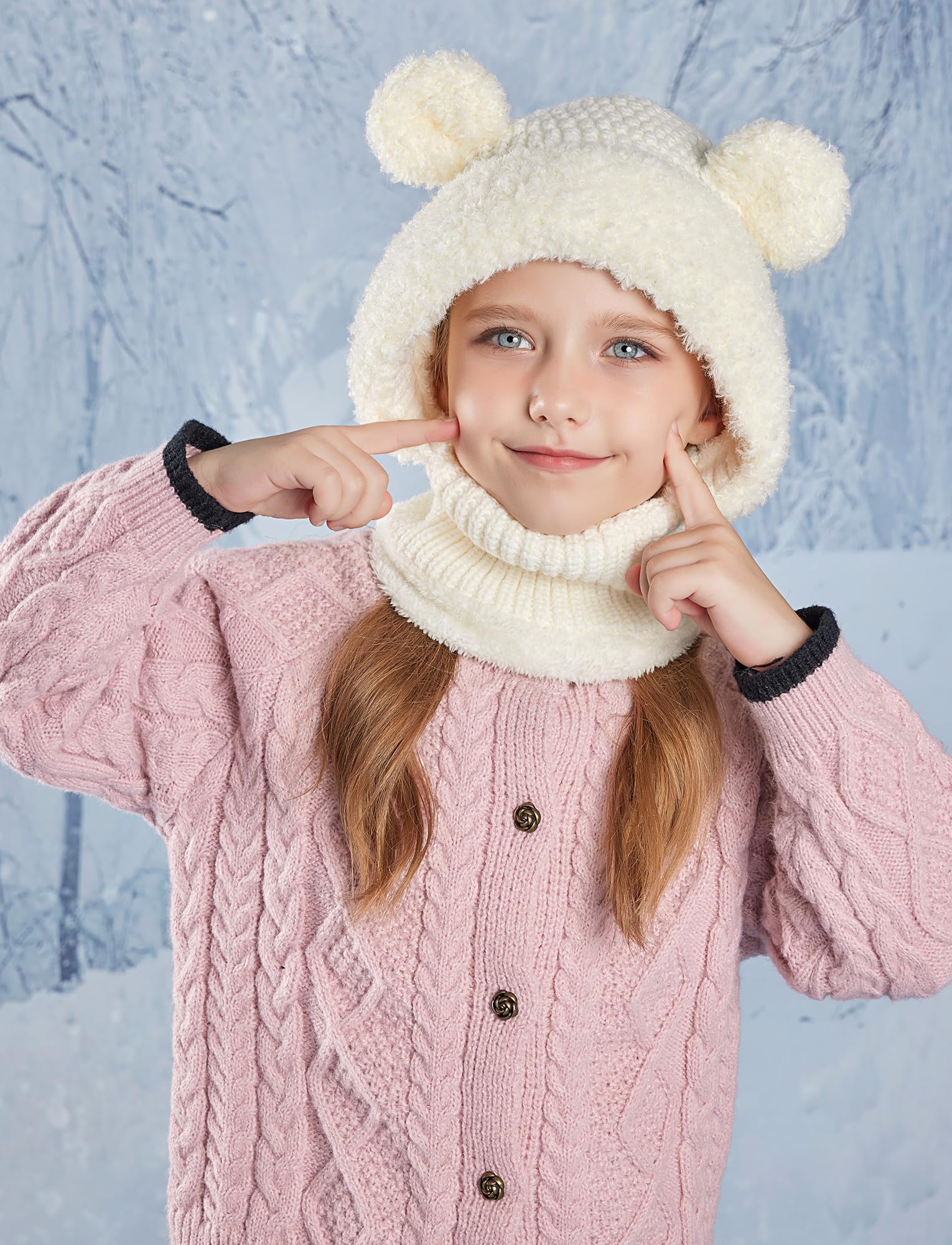 Maeau Berretto invernale per bambini e bambine, 4-10 anni, berretto invernale lavorato a maglia, in pile con 2 pompon 2 in 1, passamontagna e sciarpa ad anello, berretto a maglia