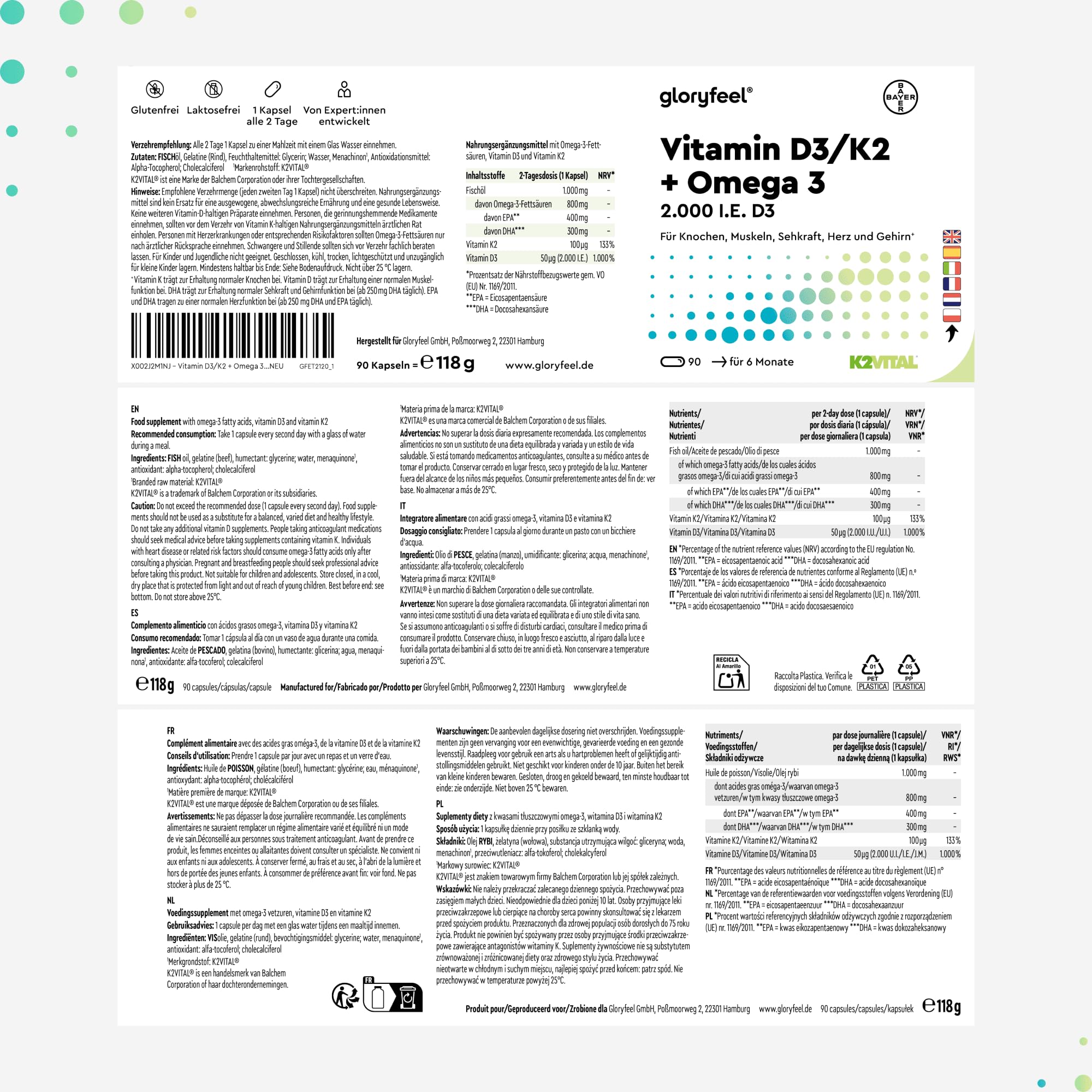 Vitamina D3 + K2 + Omega 3, 90 Capsule Softgel, Eletto PRODOTTO DELL'ANNO 2025, 2000UI Vitamin D, 100 µg Vitamina K (K2VITAL® di Kappa), 1000mg Olio di Pesce 400mg EPA e 300mg DHA