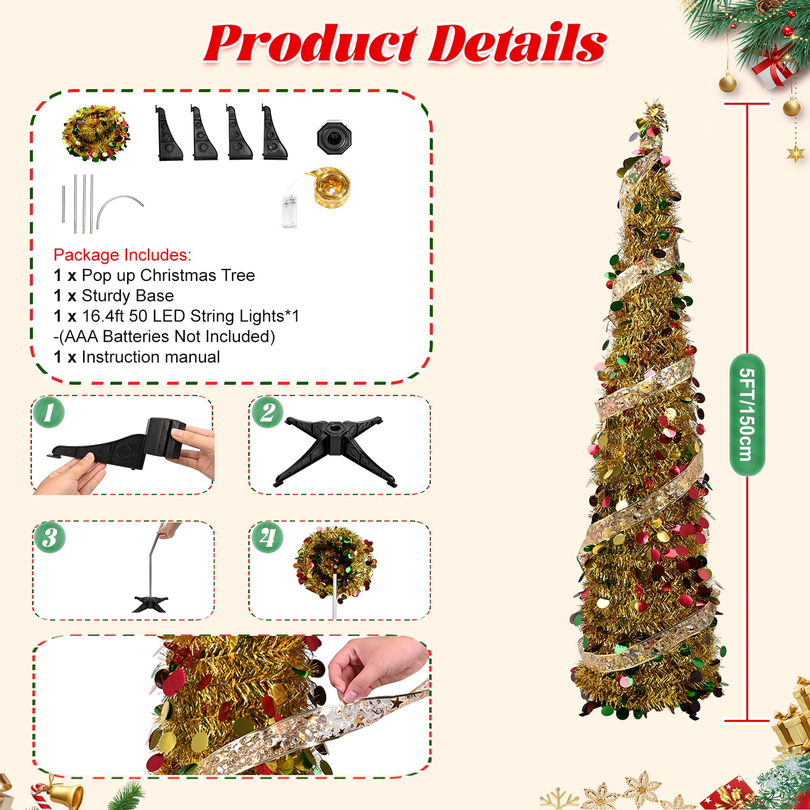 Albero di Natale 150cm pop up dorato slim con paillettes rosse e verdi, albero di Natale pieghevole per caminetto, soggiorno, ufficio, angolo, decorazioni feste, montaggio veloce