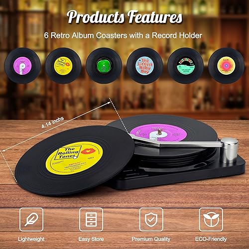 Miniatura 2 de Valdivia Portavasos de vinilo para bebidas con reproductor de discos, juego de 6 posavasos retro para álbumes, decoración divertida del hogar para