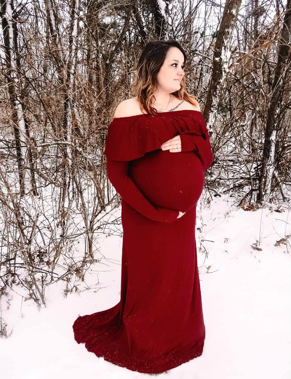 JustVH Maternity Fitted Elegant Gown Long Sleeve Off Shoulder Ruffles Maxi Photography Dress for Photoshoot