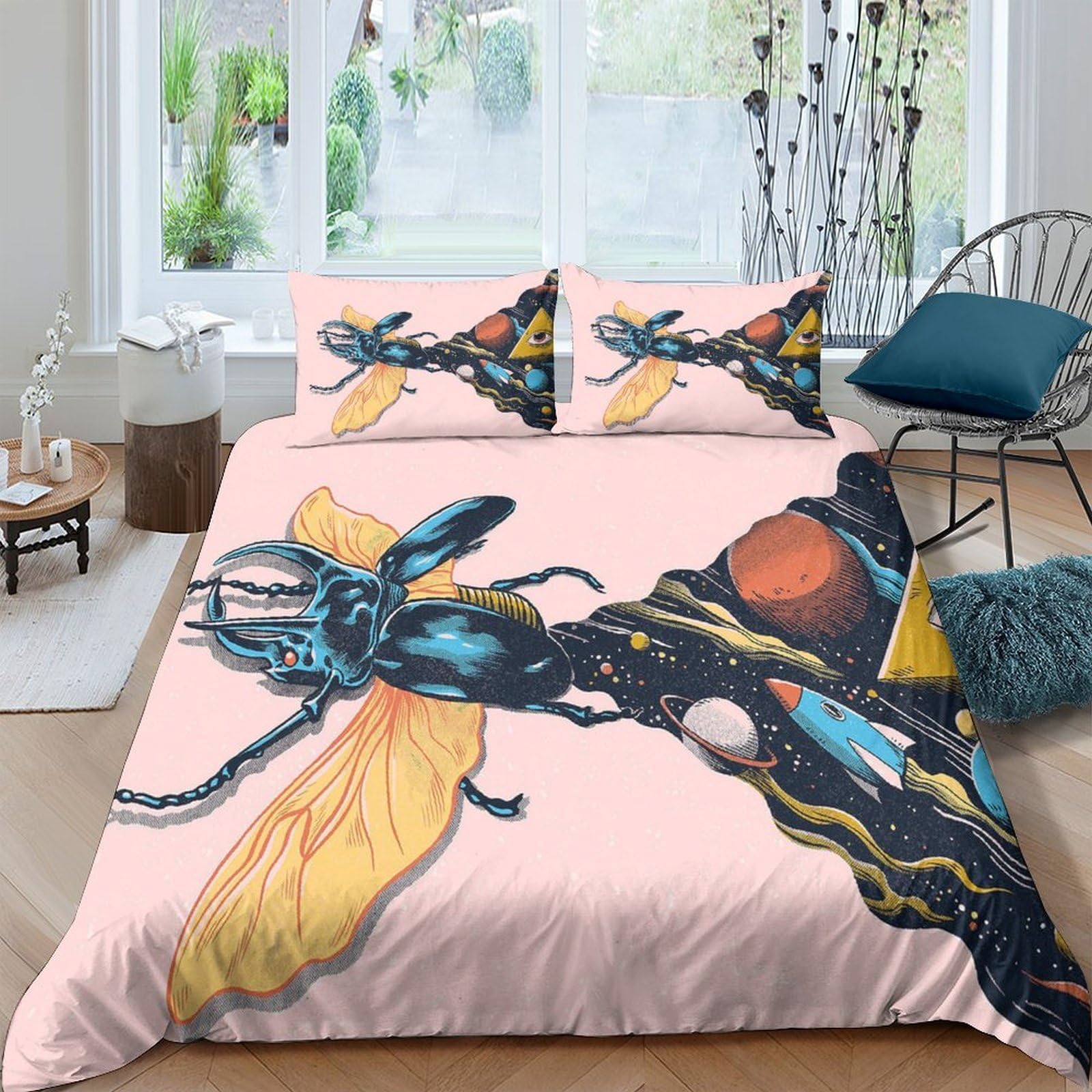 3D Printed Insect art Comforter Cover Breathable Fabric Vintage cosmic illustration Duvet Cover Hypoallergenic Shrink Resistant Friends Home Use King（220x240cm）