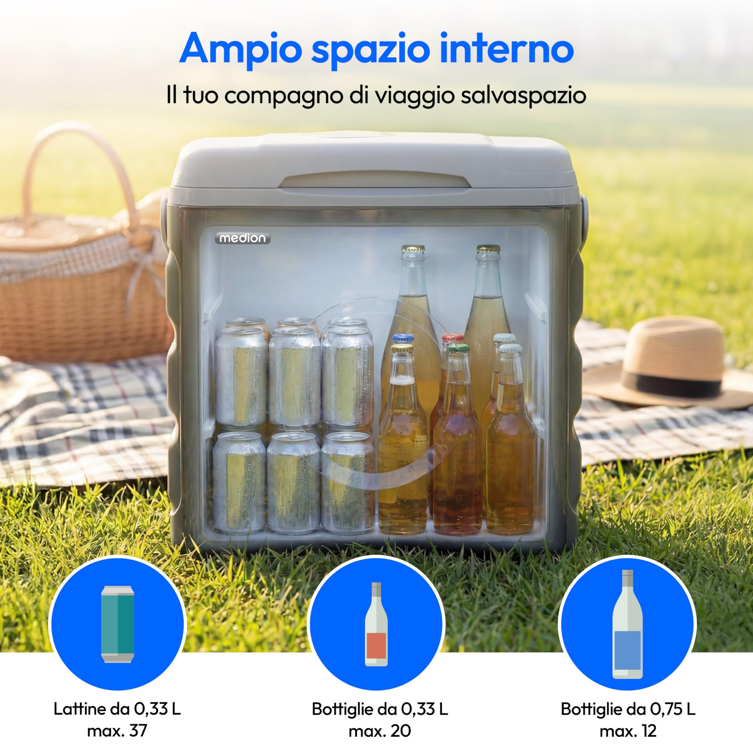 MEDION Borsa frigo termolettrica portatile 35 L, funzione raffreddamento e mantenimento caldo, 12 V accendisigari 230 V rete USB 5 V alimentazione, per auto barca campeggio, MD370030, grigio