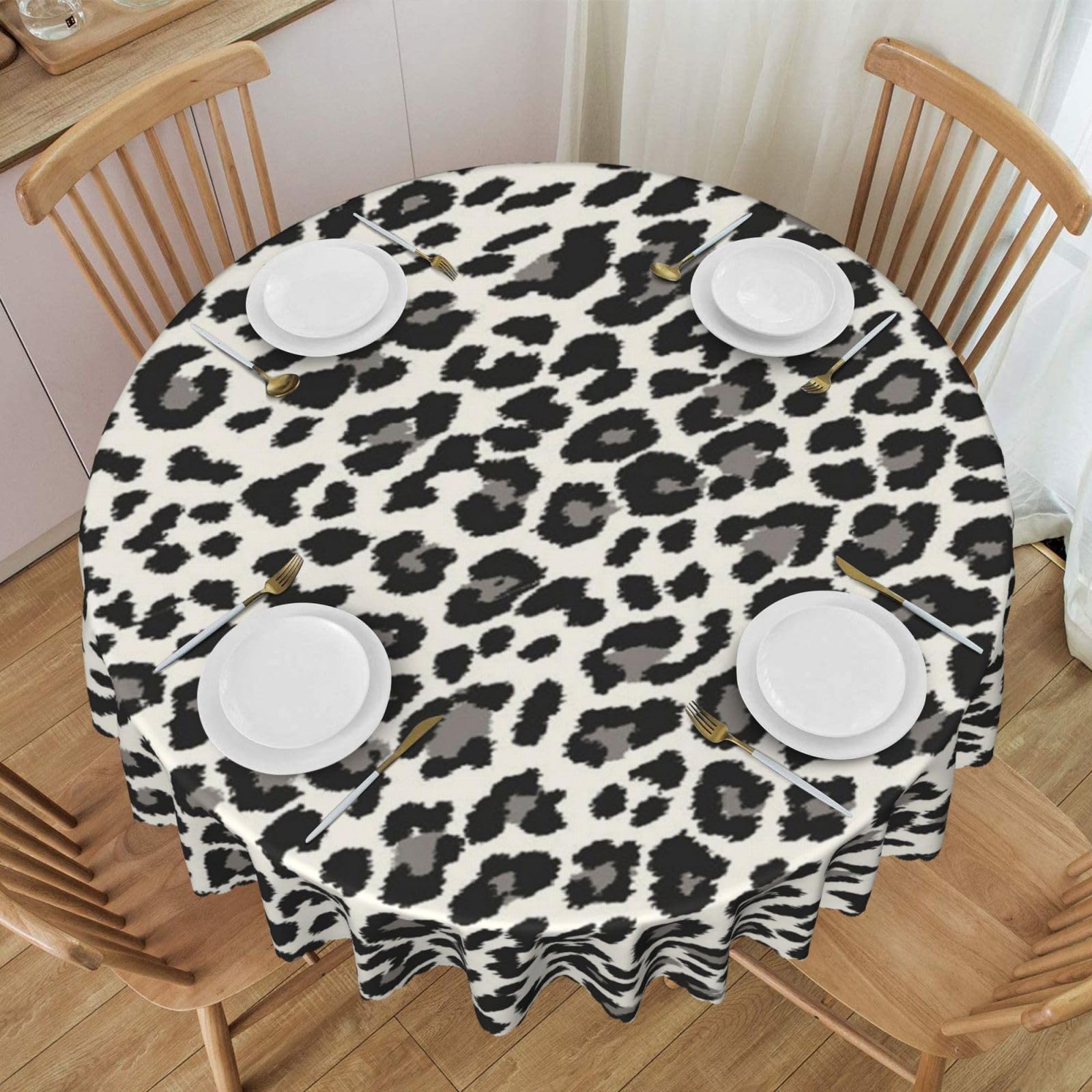 DCEHGEW 60 In Round Tablecloth with Lace, Black Leopard Print Printed Oilproof & Washable Fabric Picnic Table Cloth Table Covers