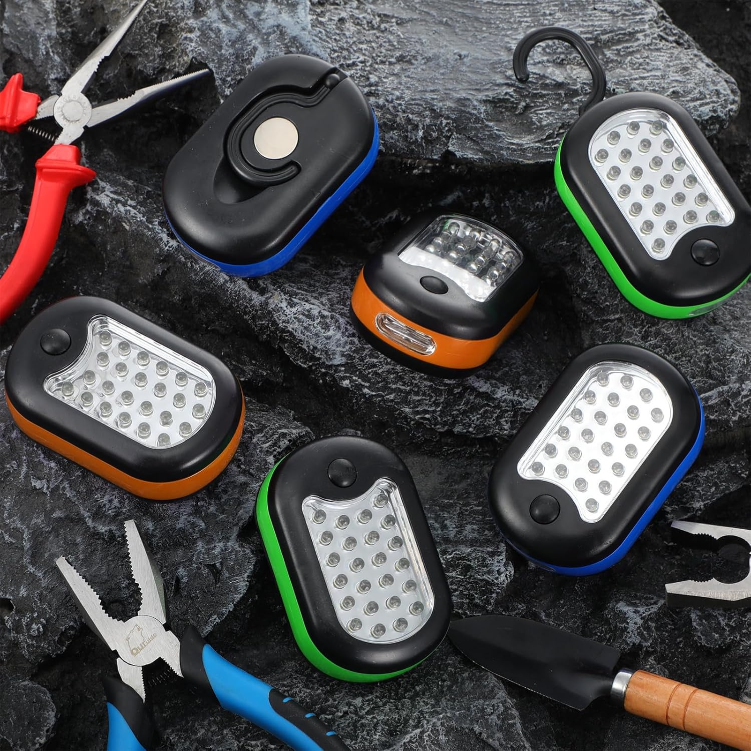 6 Pack Portable Magnetic Work Light with Hanging Hook, LED Work Light Rotatable Hook, Magnetic Back & Push Button for Car Repairing, Emergency, Hiking, Camping (Orange,Blue,Green)