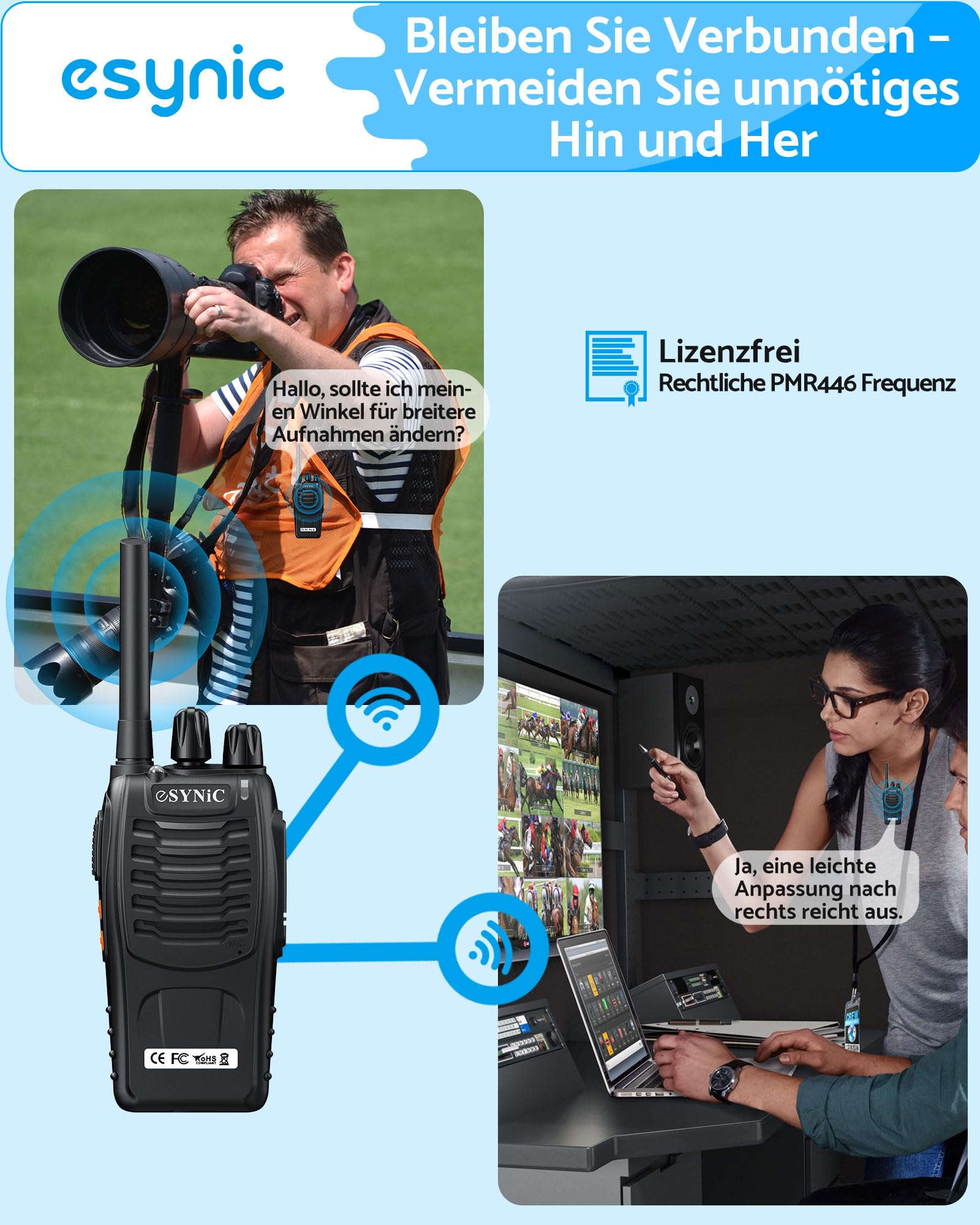 eSynic Wiederaufladbare Walkie Talkies – 8er Set PMR446 Lizenzfreie 2-Wege Radio mit 16 Kanälen, LED Taschenlampe, VOX Freisprechfunktion, Handgerät für Outdoor, Schule, Zuhause, Road Trip, Camping
