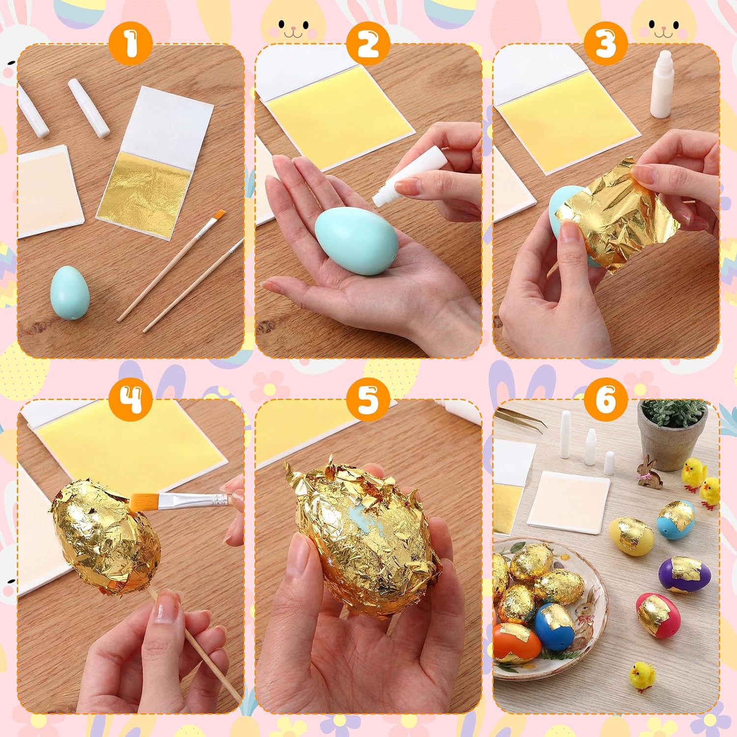 Civaner Easter Egg Decorating DIY Kit with Gold Leaf Foil - 24 Plastic Eggs, 24 Foil Sheets, Glue and Brush for Crafts, Gold Leaf Easter Decorations for Hunt Holiday Fun(Colorful)