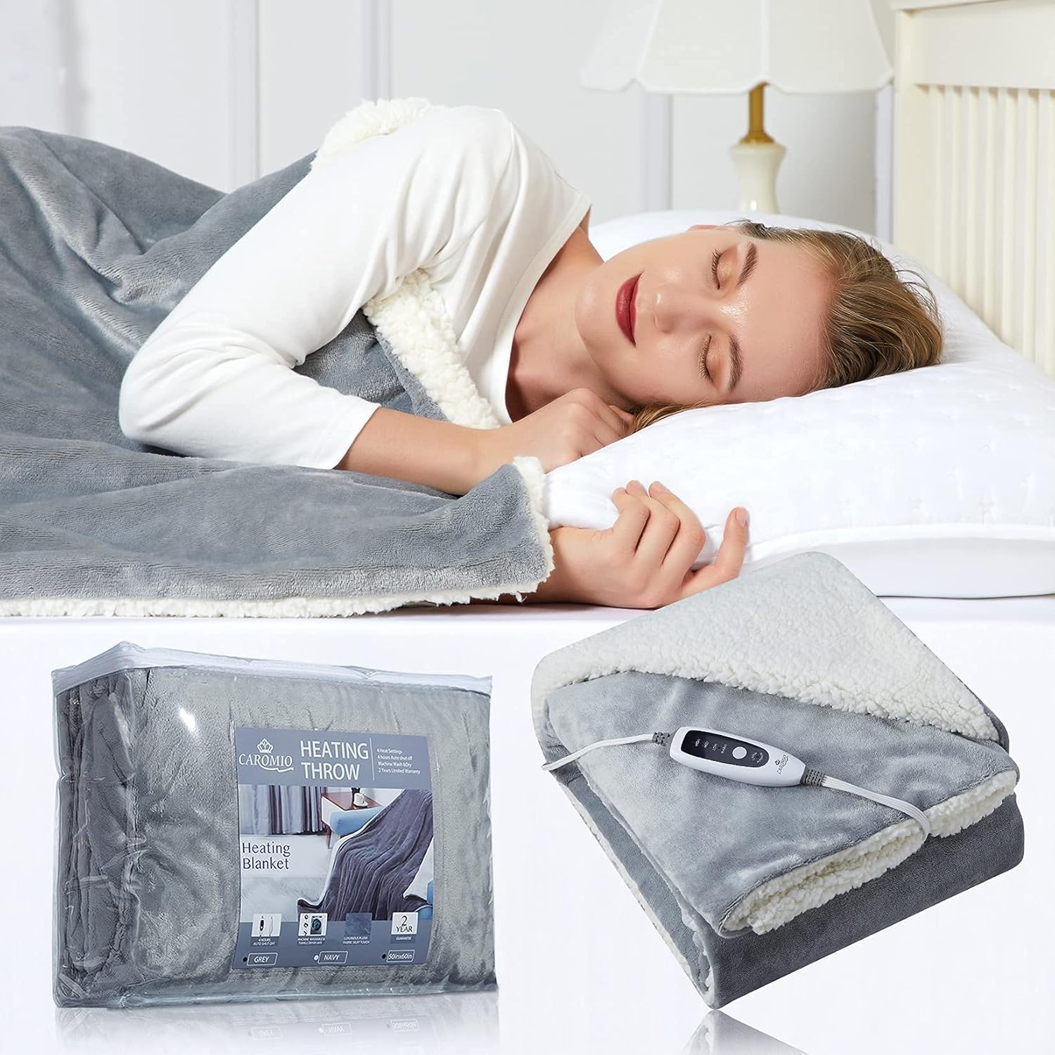 CAROMIO Electric Blanket Throw - Soft Thickened Flannel to Sherpa Reversible Heating Blanket 50" x 60", UL Certification 4 Heating Levels & 4 Hours Auto Off, Machine Washable Heated Throw Grey : Home & Kitchen