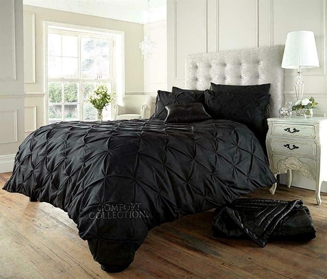 Luxury Alford Alexander Pin Tuck Pinch Pleat Duvet Quilt Cover Reversible Diamond Bedding Set With Matching Pillowcases Black Double 200cm x 200cm Approximate