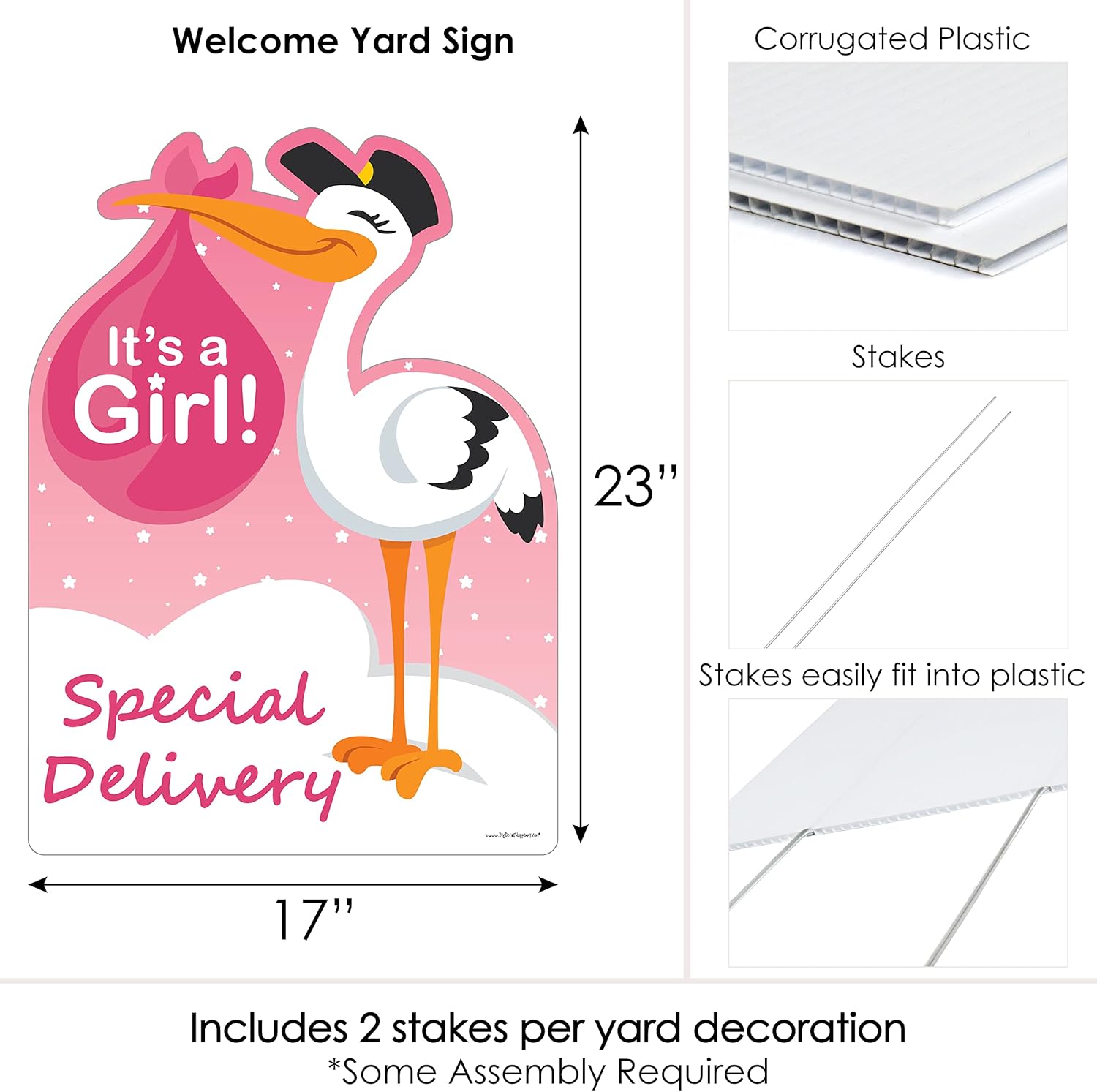 Big Dot of Happiness Girl Special Delivery - Baby Shower Decorations - Pink It's A Girl Stork Baby Announcement & Welcome Yard Sign