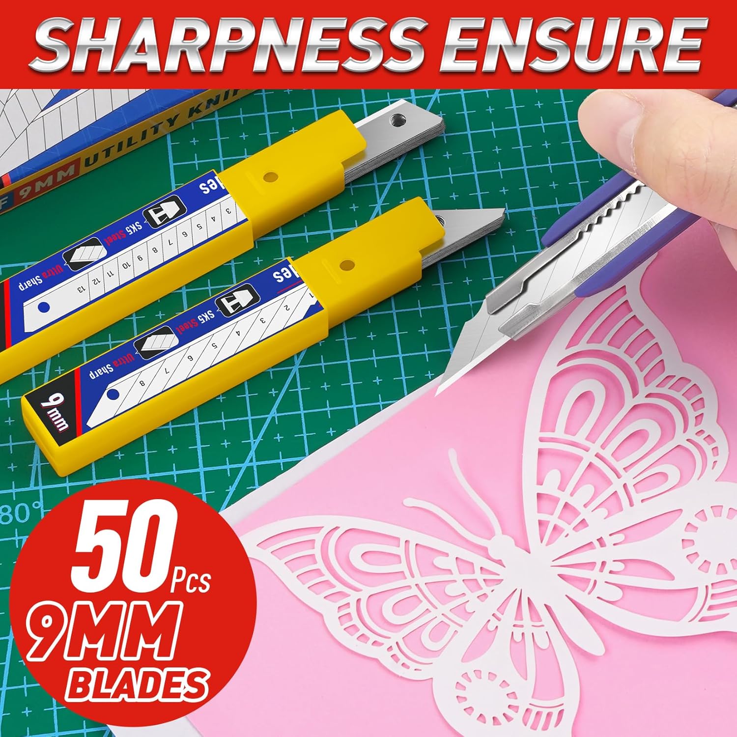 DIYSELF 24Pack Box Cutters and 50Pcs 9MM Wide Blades (30°), Utility Knife Box Cutter Retractable, Compact, Extended Use for Heavy Duty Office, Home, Arts Crafts, Hobby(Mix)