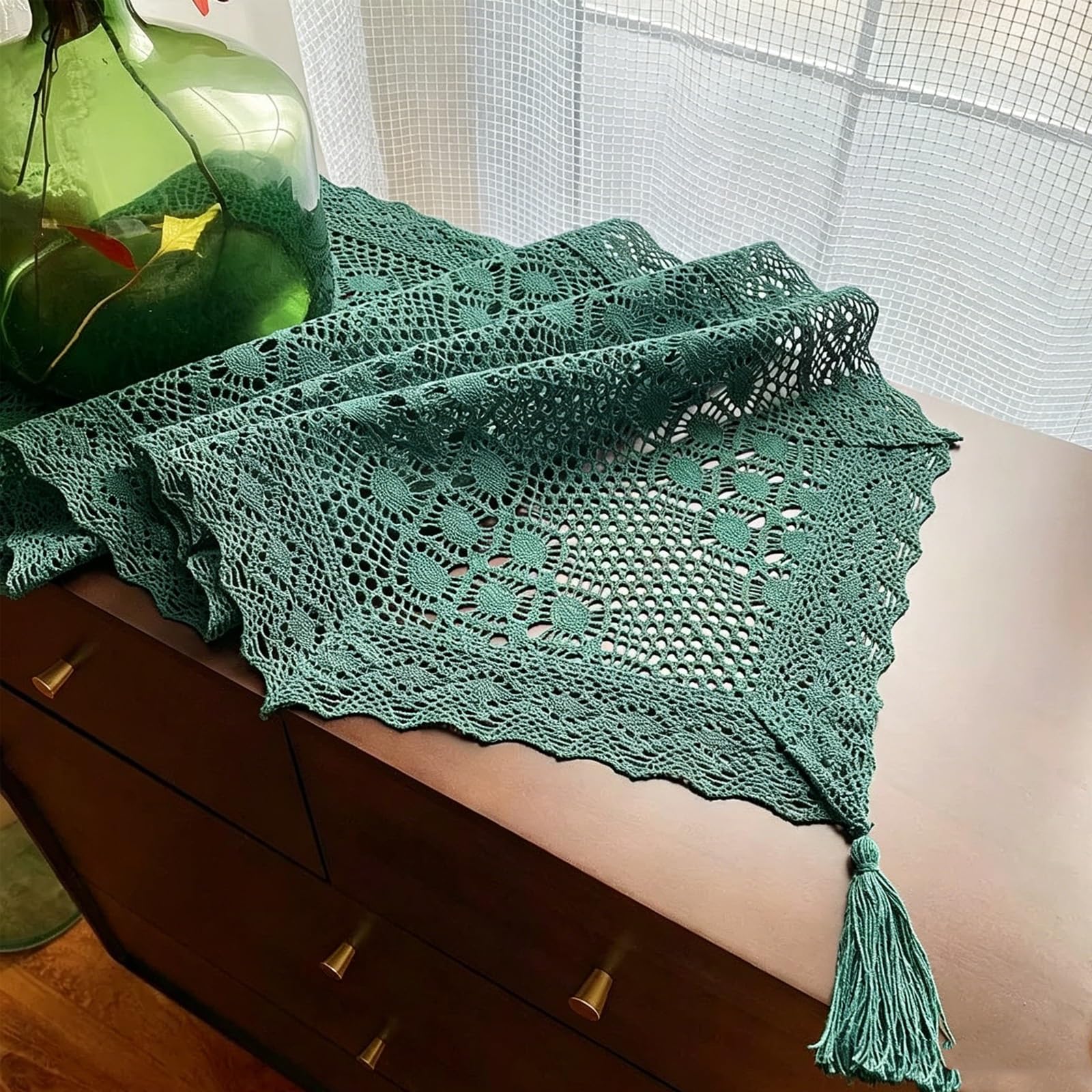 Crochet Hollow Lace Table Runner With Hanging Tassel, Vintage Country Cotton Thread Decor Table Runner For Dining Table, Cabinet, TV Stand(Green,180cm/70.8in)