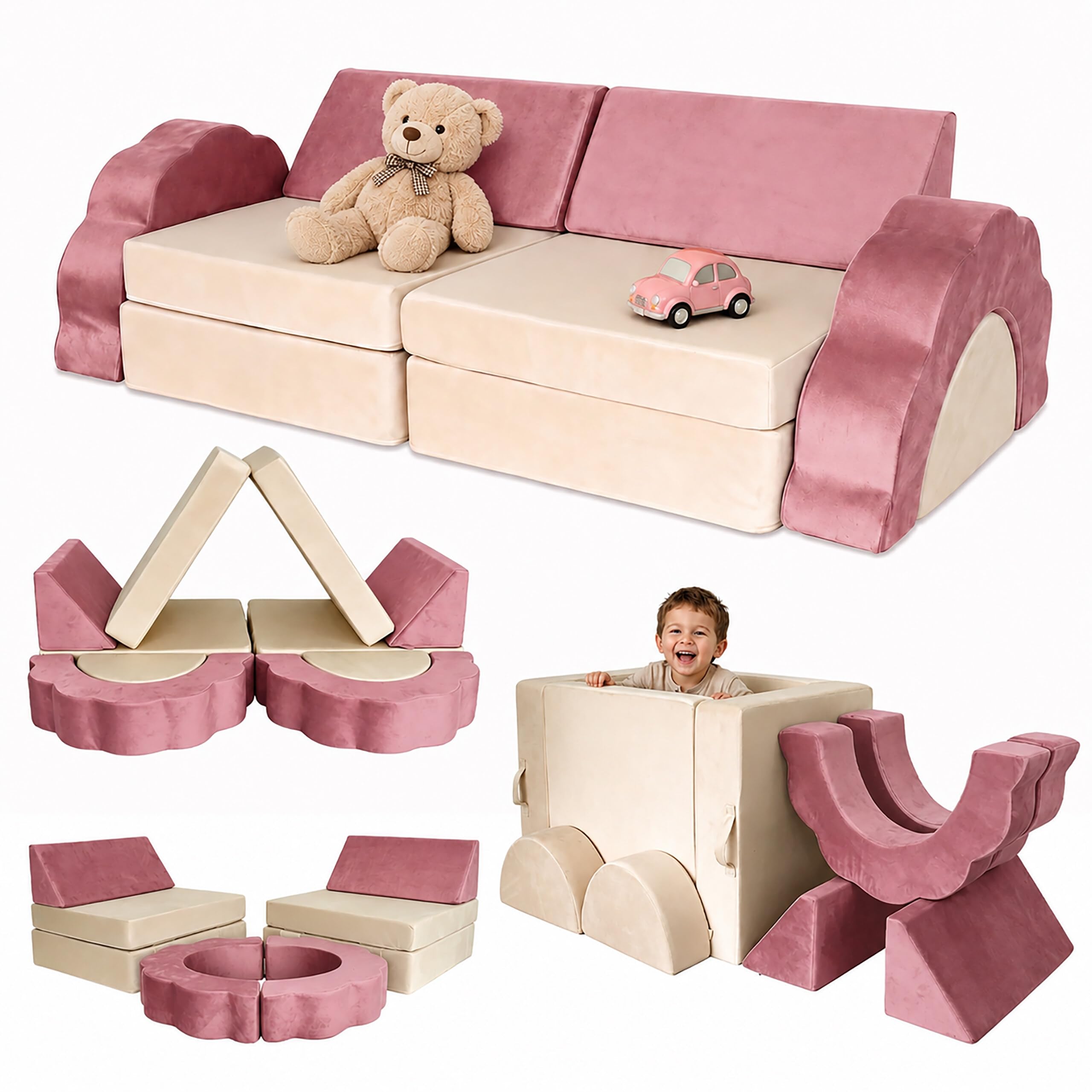 Relaxdays modułowa sofa do zabawy, 10 el., miękkie klocki, różowa