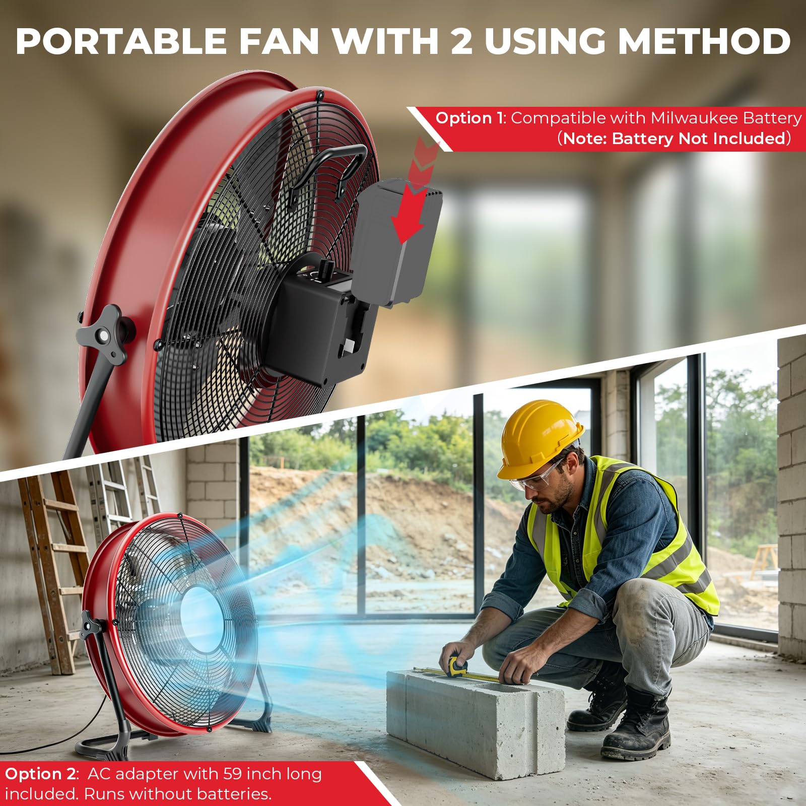 T-SUN 40,6 cm Batteriebetriebener Bodenventilator kompatibel mit Milwaukee Akku, Outdoor-Bodenventilator mit LED-Licht, stufenlose Geschwindigkeit, kabelloser Ventilator, Metall mit hoher