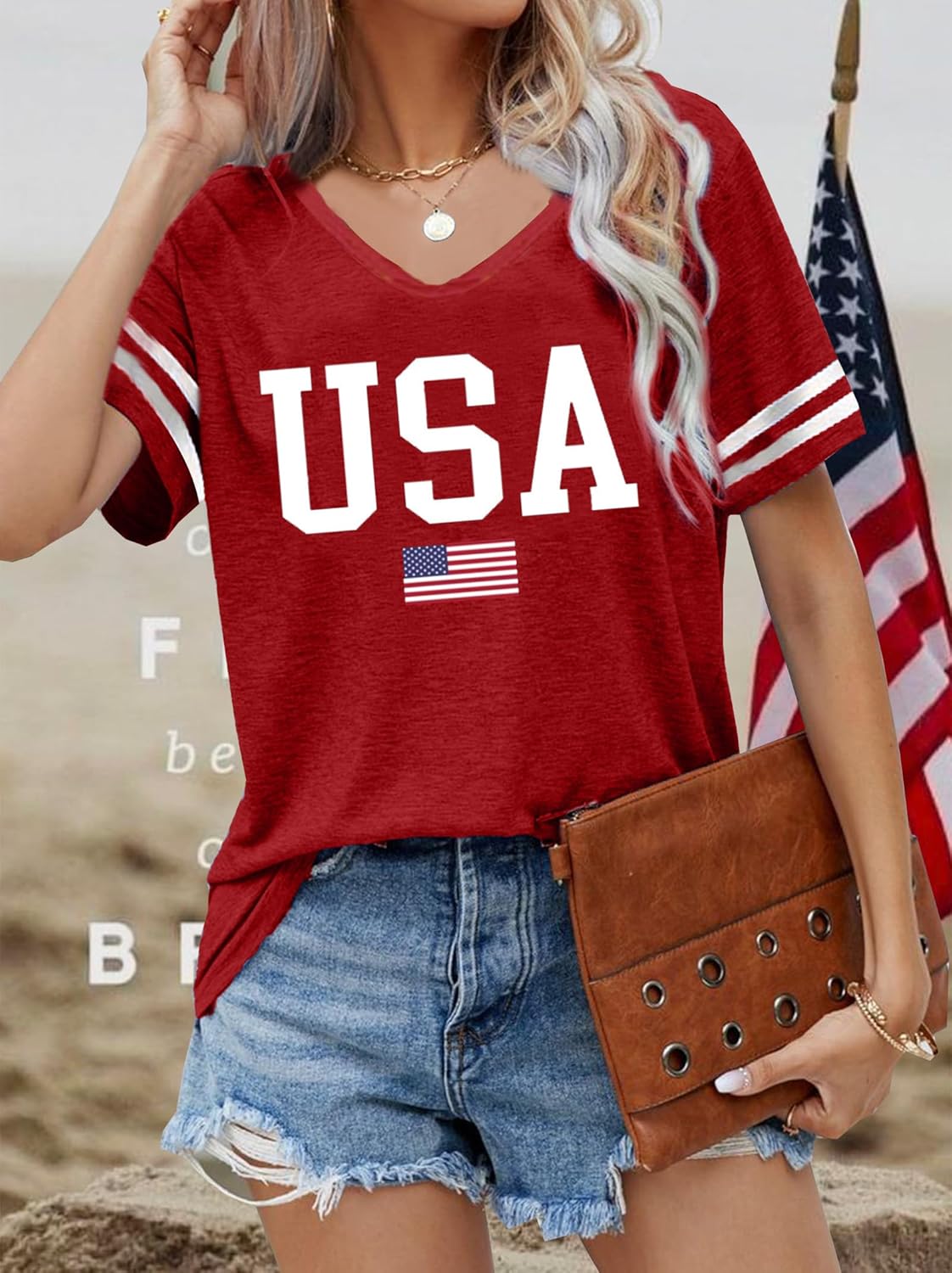 Susongeth USA Patriotic American Flag Shirt Women 4th of July T-Shirts V-Neck Short Sleeve Casual Top Tees - Image 3