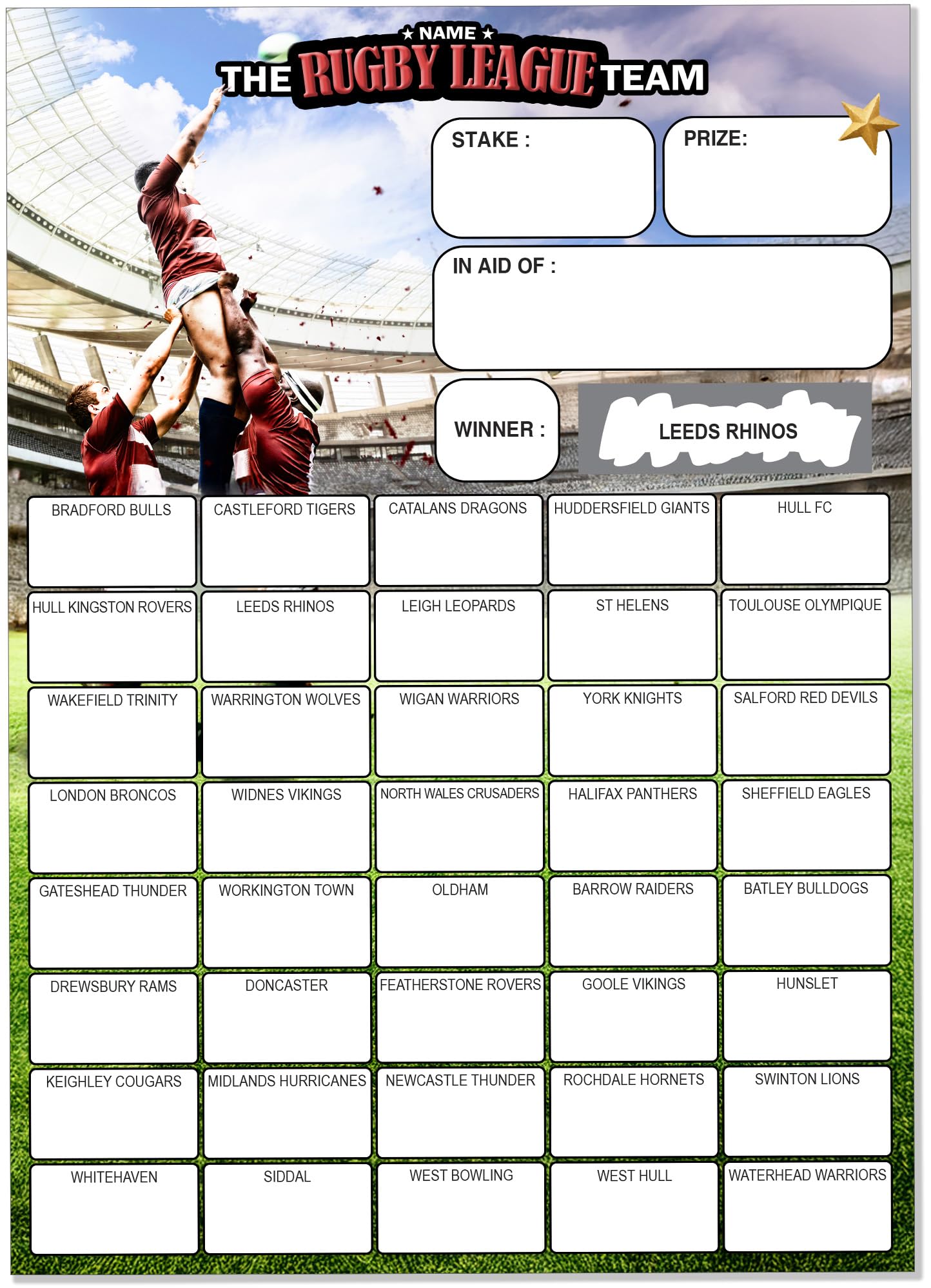 Pack of 10 x Rugby League Scratch Cards - Large A5 Size - 40 Squares and Scratch Off Winner for Fundraising