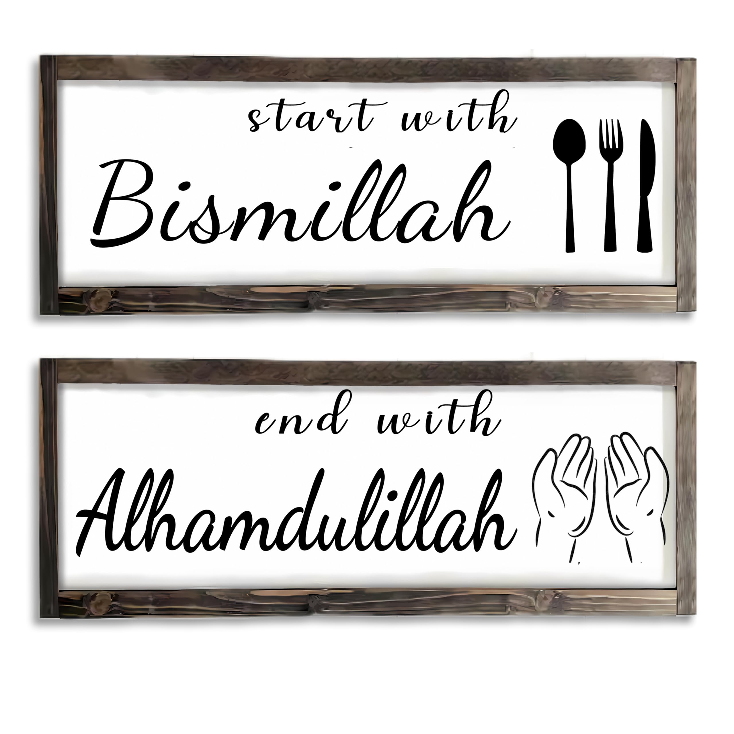 Dazingart Wood Ramadan Decorations Islamic Eid Mubarak Kareem Signs - Start with Bismillah End with Alhamdulillah, Rustic Arabic Calligraphy Signs, Muslim Table Decor Kitchen Sign for Eid Gift (Set)