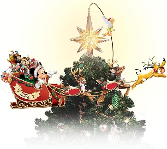 Illuminated and Hand Painted Rotating Disney Christmas Tree Topper featuring Mickey and His Sleigh by The Bradford Exchange